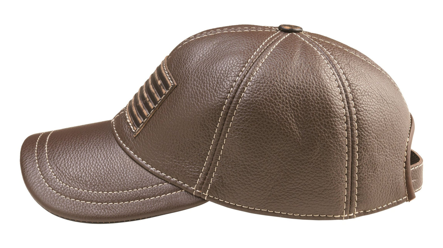 Leather Biker Hat: Handmade Brown Motorcycle Cap for Men with American Flag Patch, Patriotic Gift | Apero Bullo