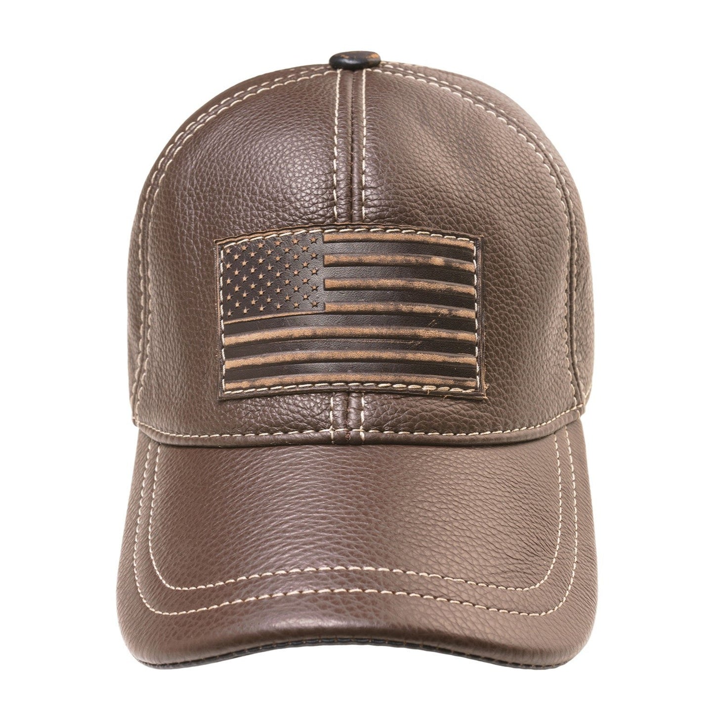 Leather Biker Hat: Handmade Brown Motorcycle Cap for Men with American Flag Patch, Patriotic Gift | Apero Bullo