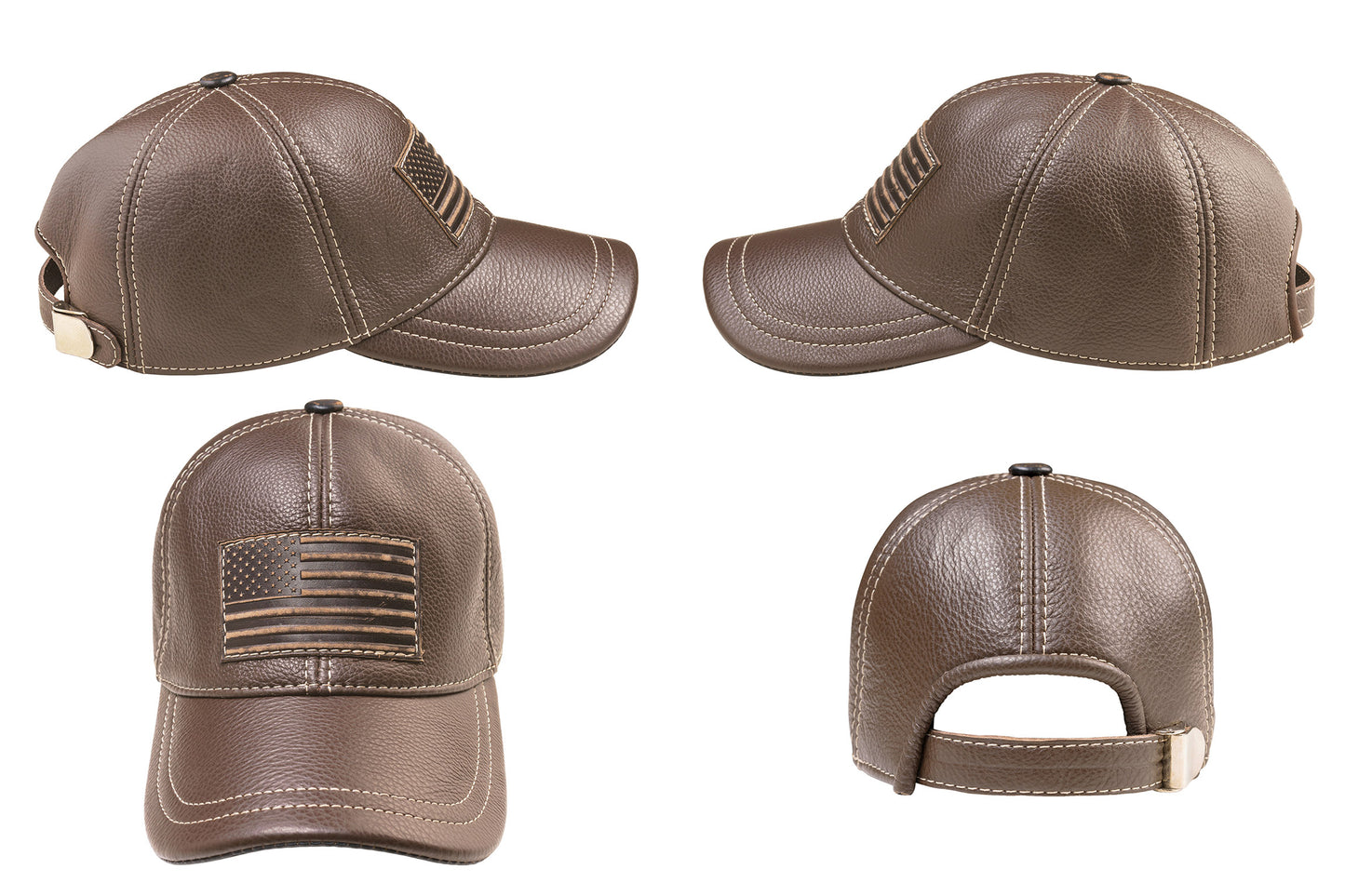 Leather Biker Hat: Handmade Brown Motorcycle Cap for Men with American Flag Patch, Patriotic Gift | Apero Bullo