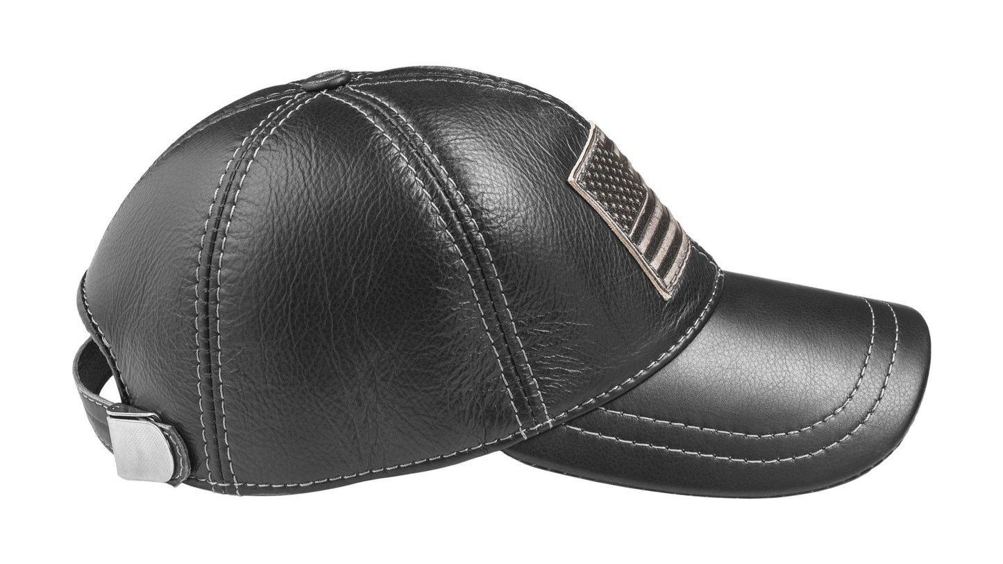 American Flag Patriotic Genuine Leather Black Baseball Cap