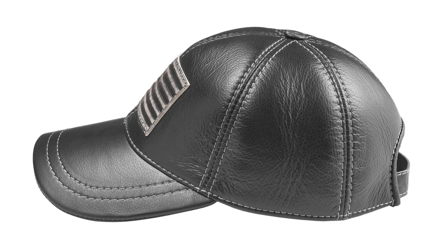 American Flag Patriotic Genuine Leather Black Baseball Cap