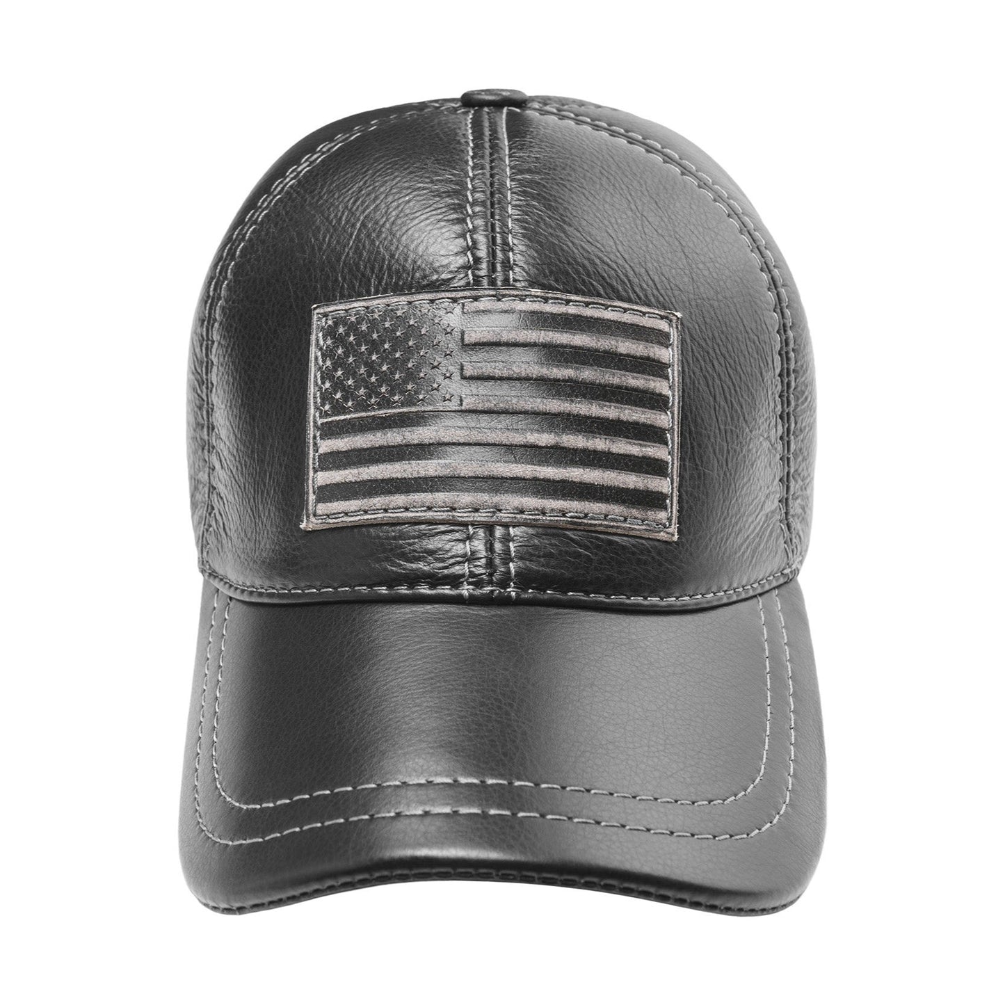 American Flag Patriotic Genuine Leather Black Baseball Cap