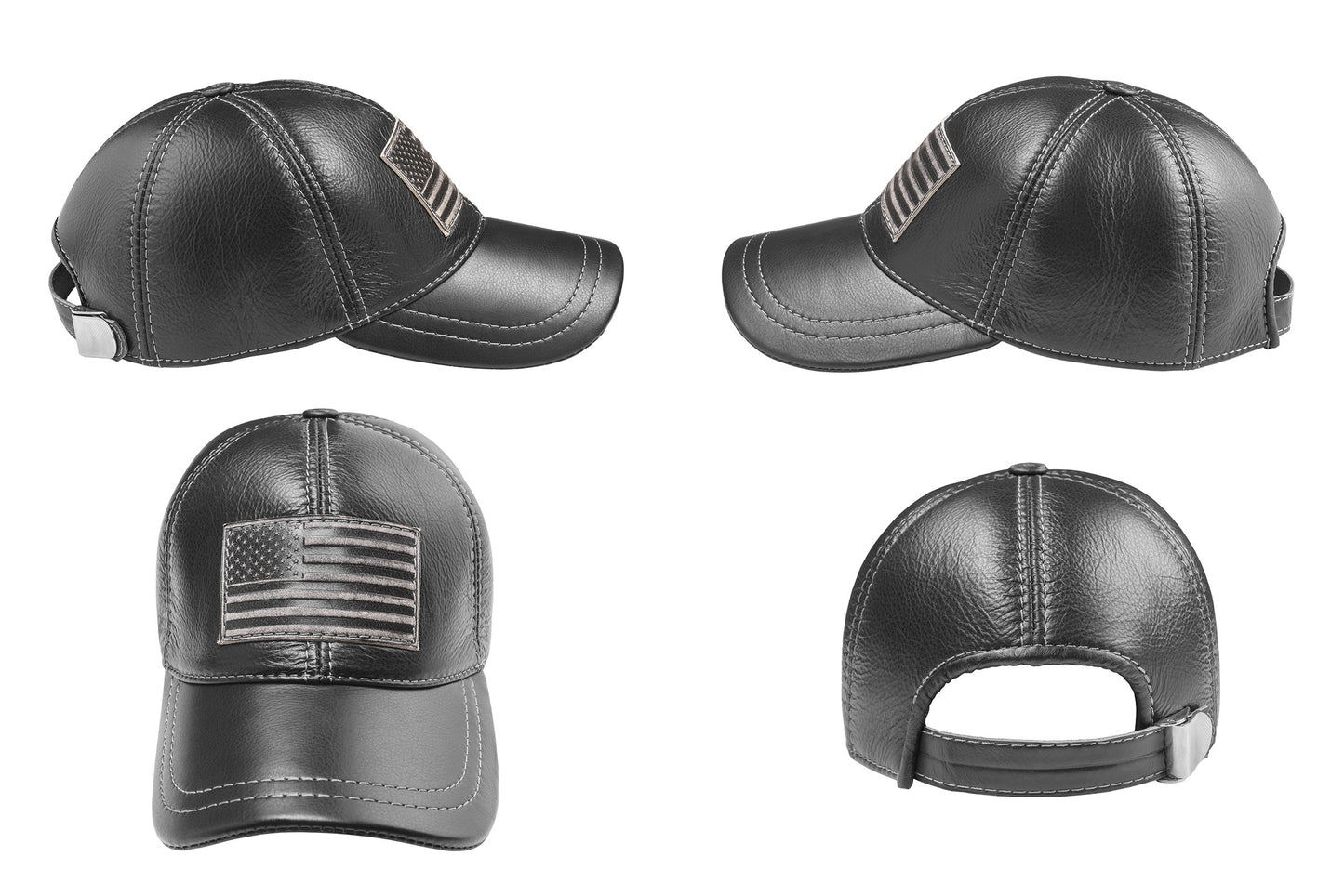 American Flag Patriotic Genuine Leather Black Baseball Cap