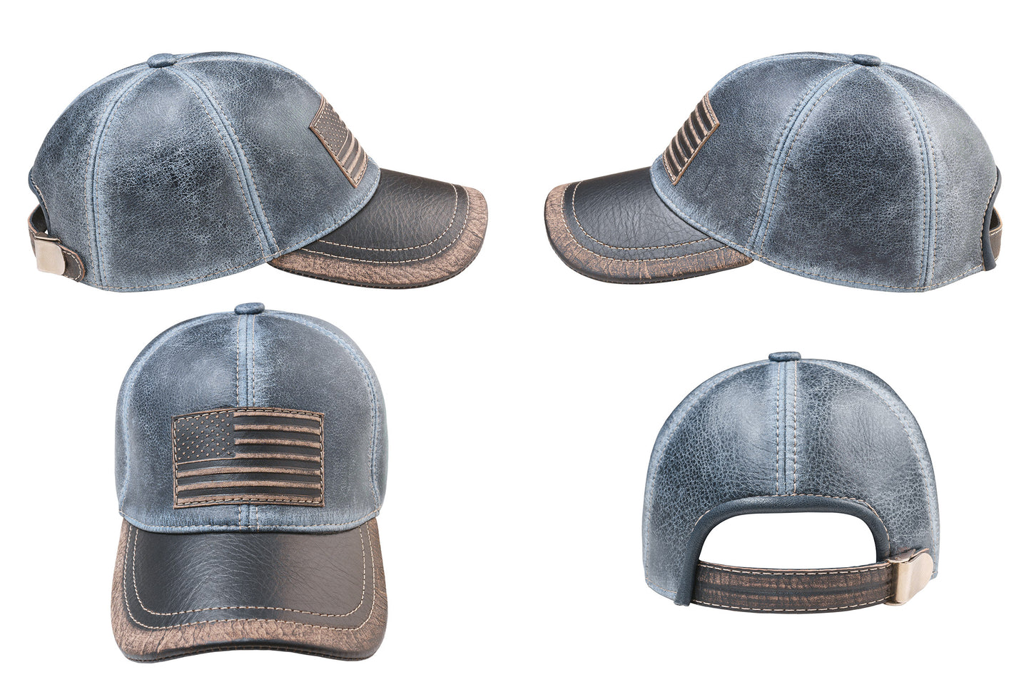 American Flag Patriotic Genuine Leather Denim Pattern Baseball Cap