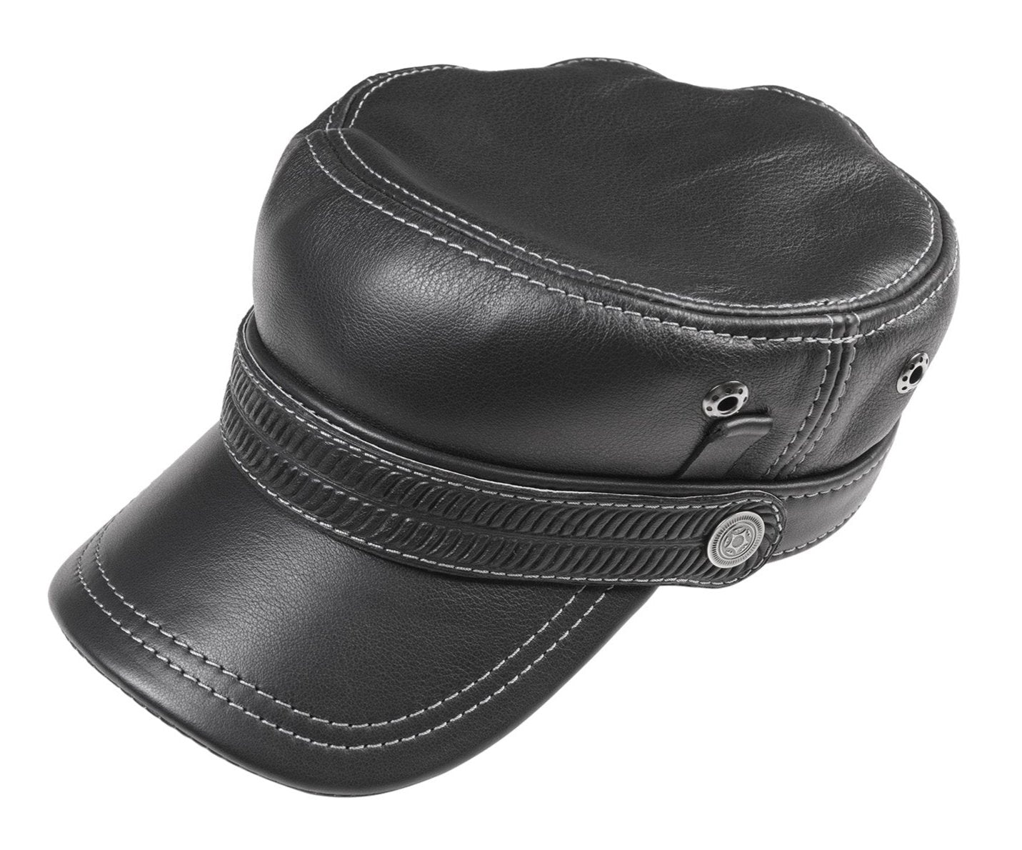 Leather Biker Hat: Handmade Black Motorcycle Cap with Embossed Band, Military Style for Men | Apero Bullo