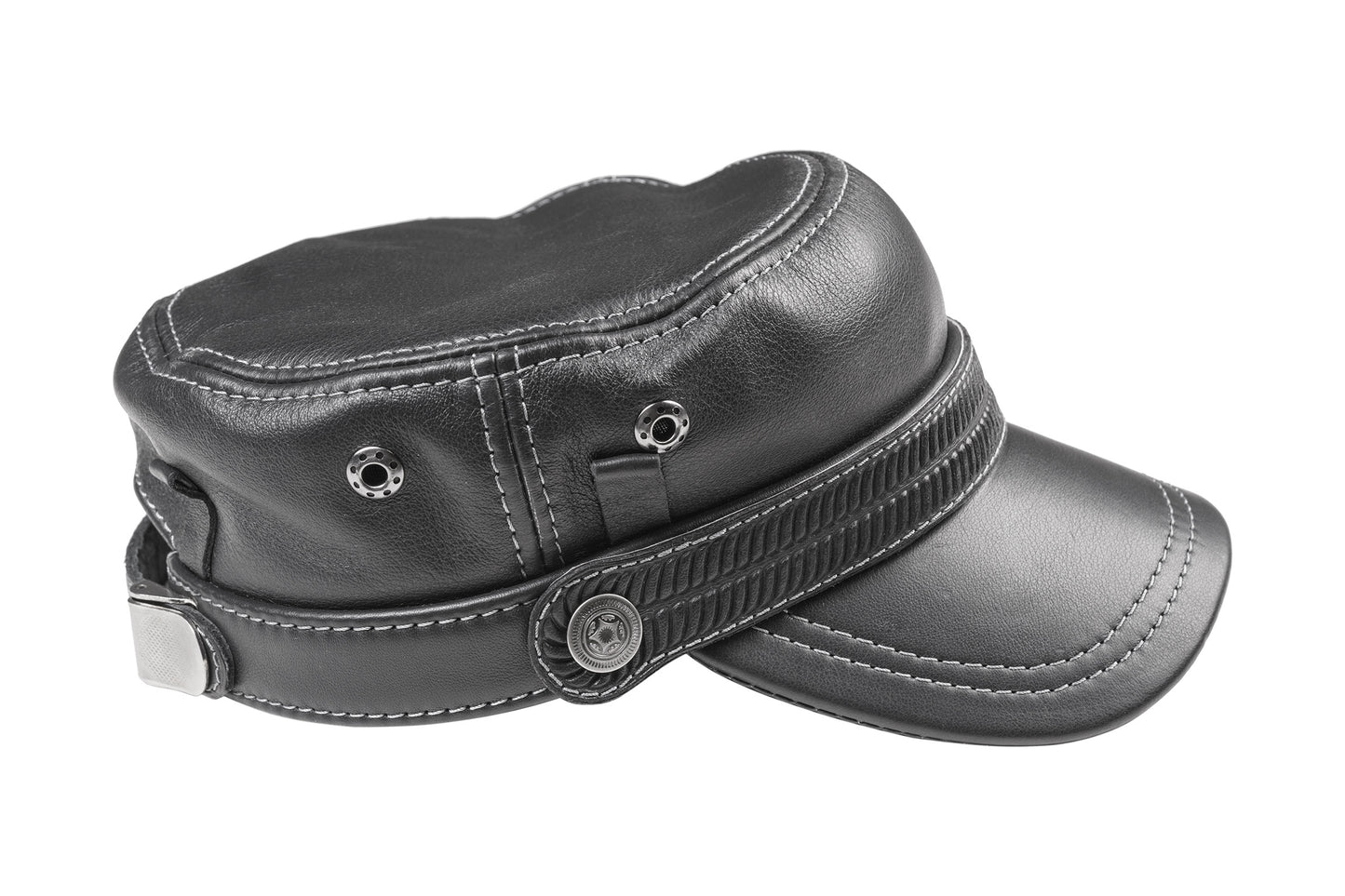 Leather Biker Hat: Handmade Black Motorcycle Cap with Embossed Band, Military Style for Men | Apero Bullo