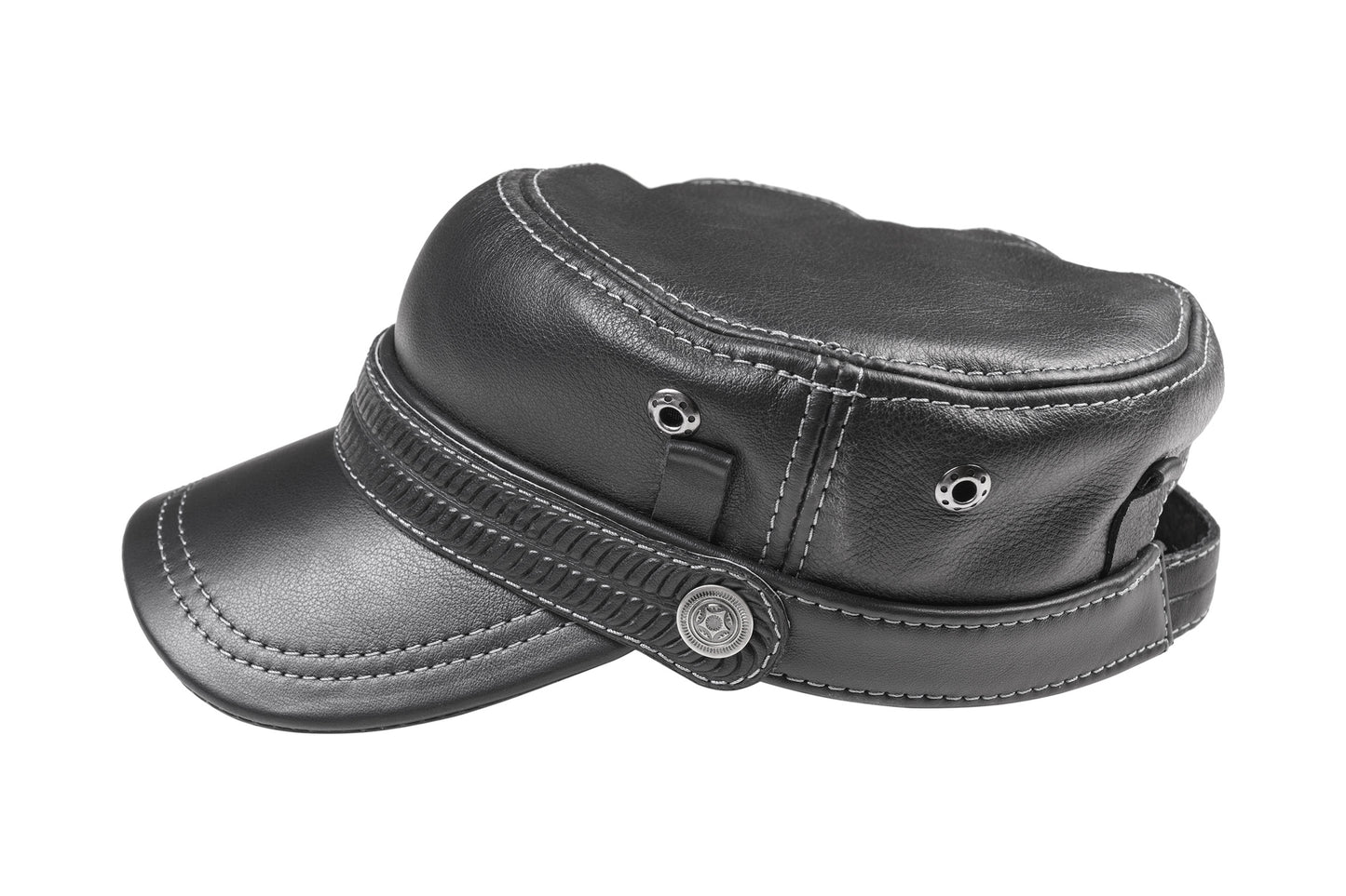 Leather Biker Hat: Handmade Black Motorcycle Cap with Embossed Band, Military Style for Men | Apero Bullo