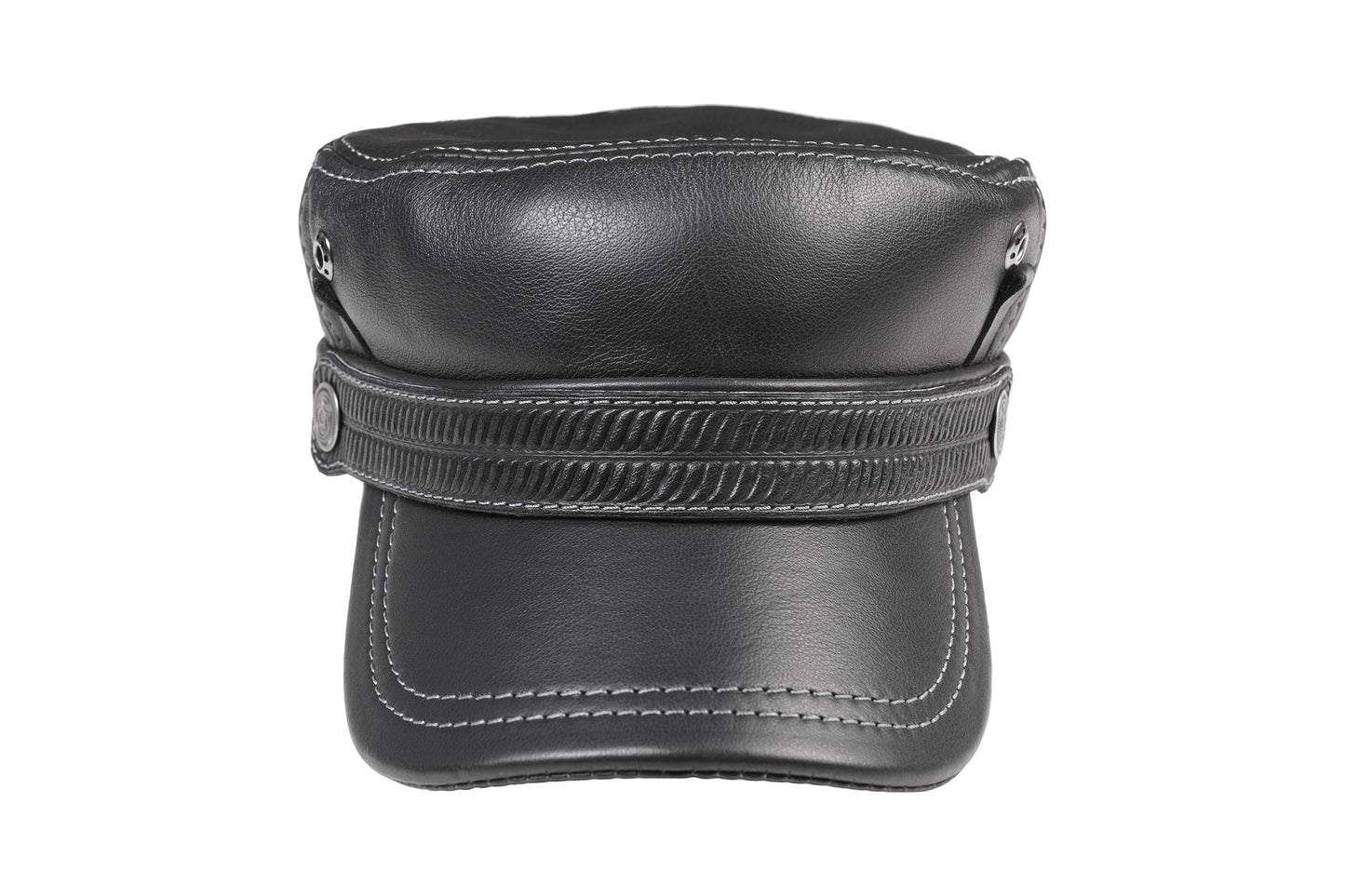 Leather Biker Hat: Handmade Black Motorcycle Cap with Embossed Band, Military Style for Men | Apero Bullo