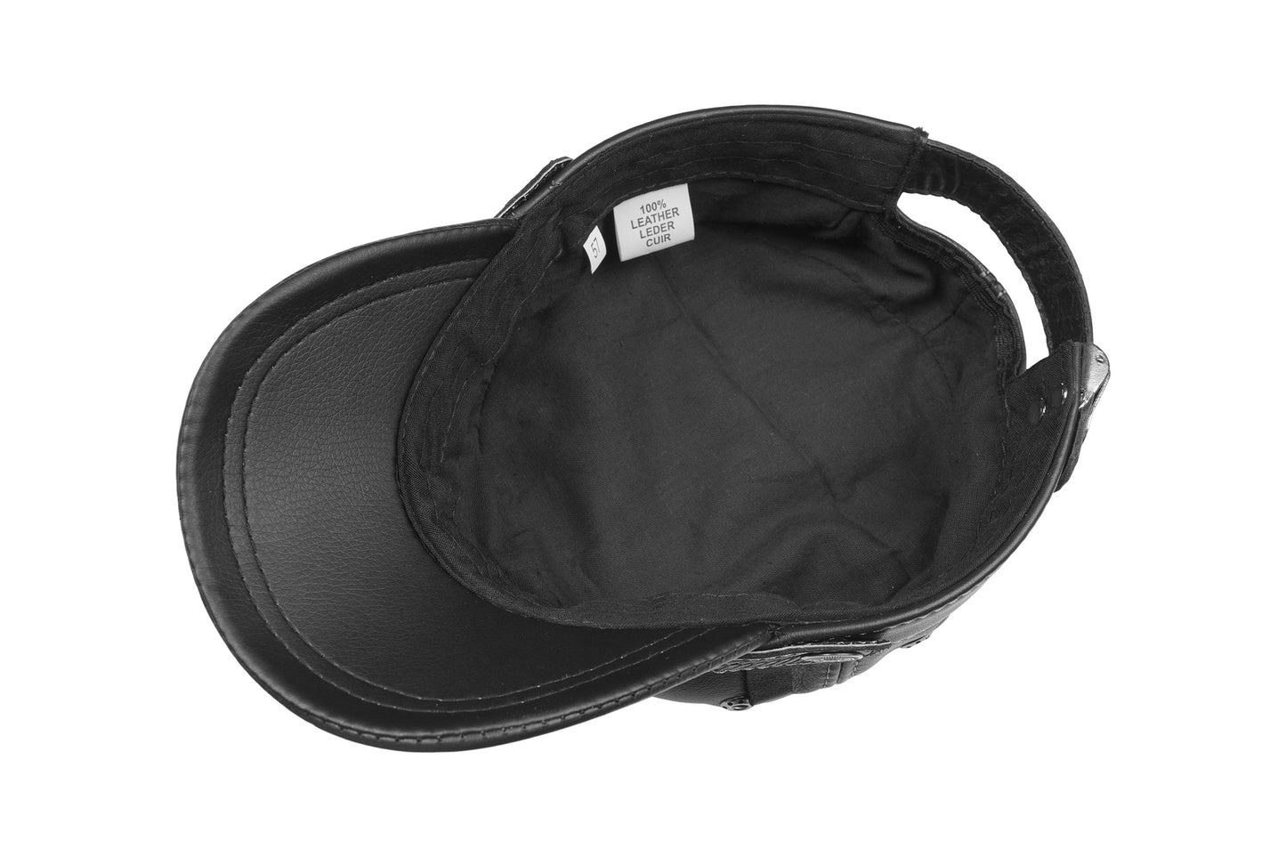 Leather Biker Hat: Handmade Black Motorcycle Cap with Embossed Band, Military Style for Men | Apero Bullo