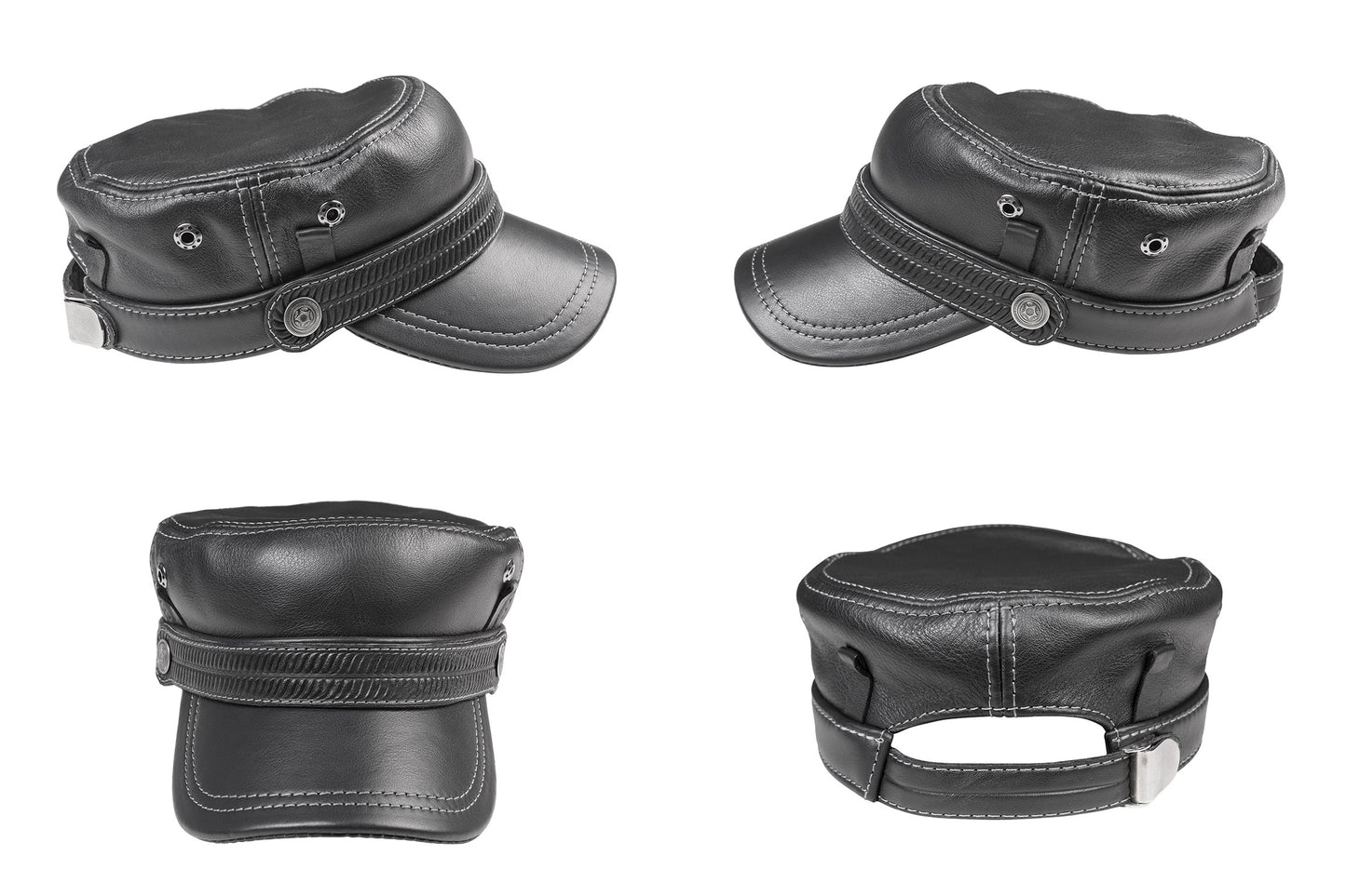 Leather Biker Hat: Handmade Black Motorcycle Cap with Embossed Band, Military Style for Men | Apero Bullo