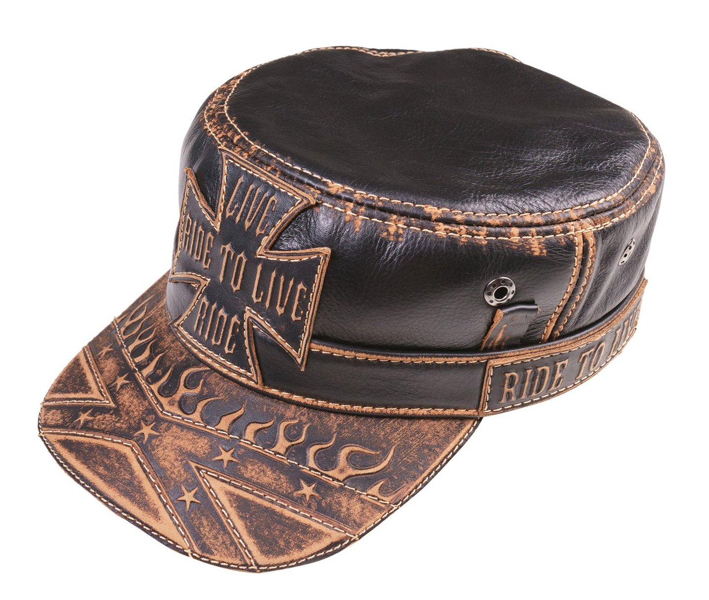 Leather Biker Hat: Handmade Black Motorcycle Cap for Men with Distressed Finish, Iron Cross Patch and Flame Detail | Apero Bullo