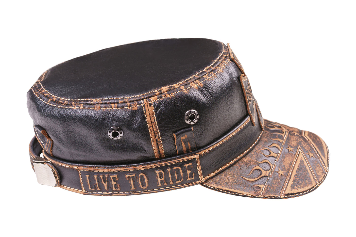 Leather Biker Hat: Handmade Black Motorcycle Cap for Men with Distressed Finish, Iron Cross Patch and Flame Detail | Apero Bullo