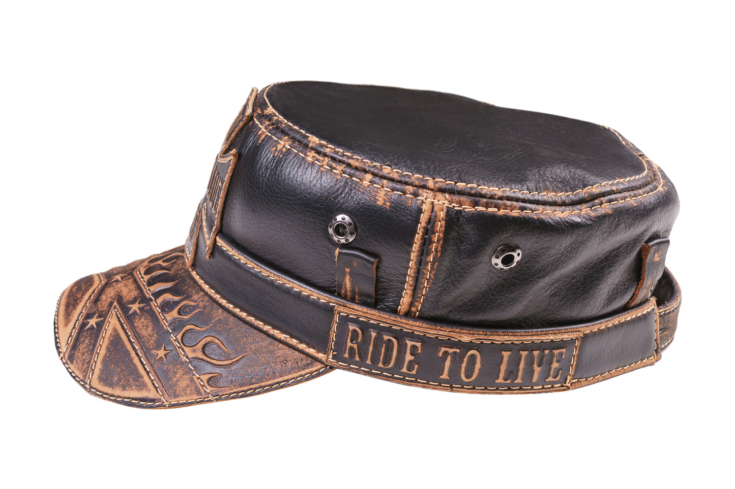 Leather Biker Hat: Handmade Black Motorcycle Cap for Men with Distressed Finish, Iron Cross Patch and Flame Detail | Apero Bullo