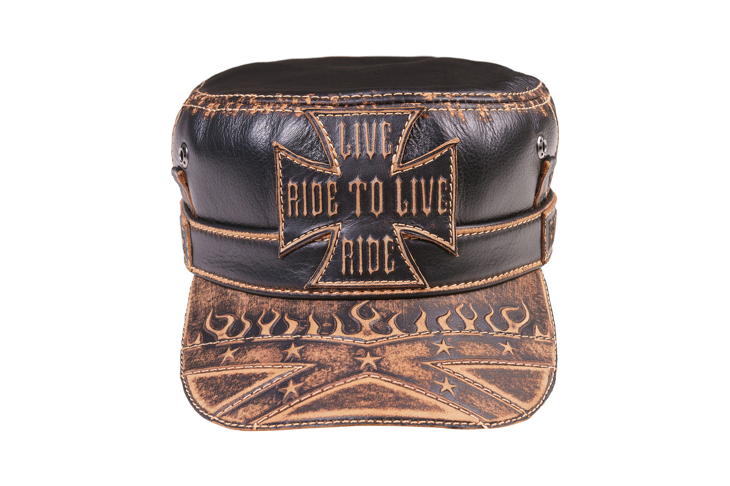 Leather Biker Hat: Handmade Black Motorcycle Cap for Men with Distressed Finish, Iron Cross Patch and Flame Detail | Apero Bullo