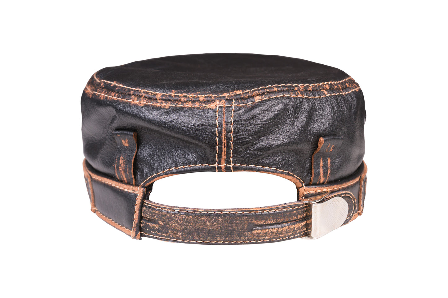 Leather Biker Hat: Handmade Black Motorcycle Cap for Men with Distressed Finish, Iron Cross Patch and Flame Detail | Apero Bullo