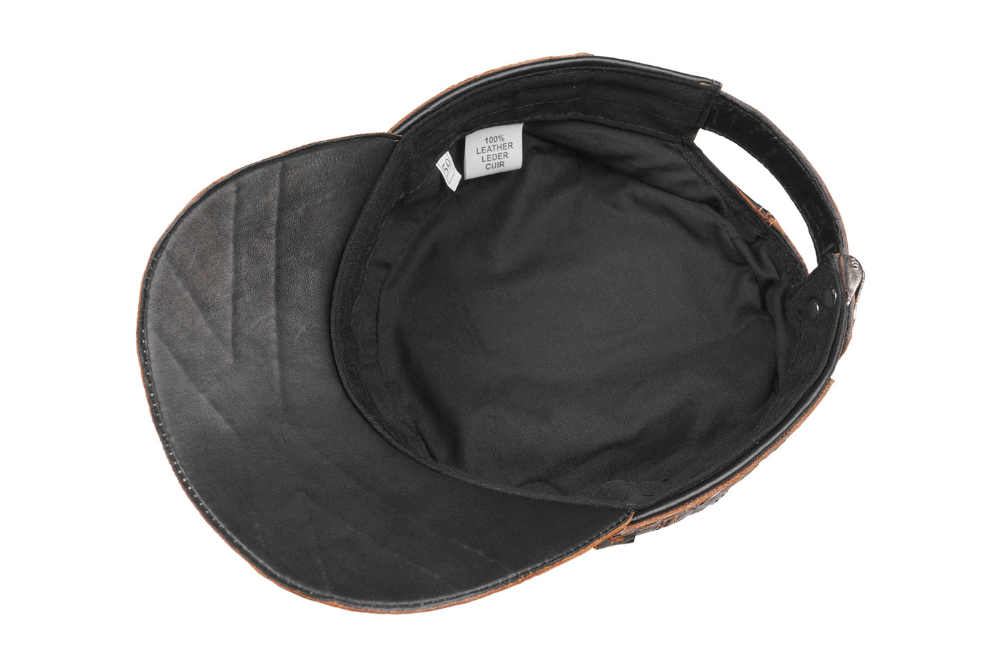 Leather Biker Hat: Handmade Black Motorcycle Cap for Men with Distressed Finish, Iron Cross Patch and Flame Detail | Apero Bullo