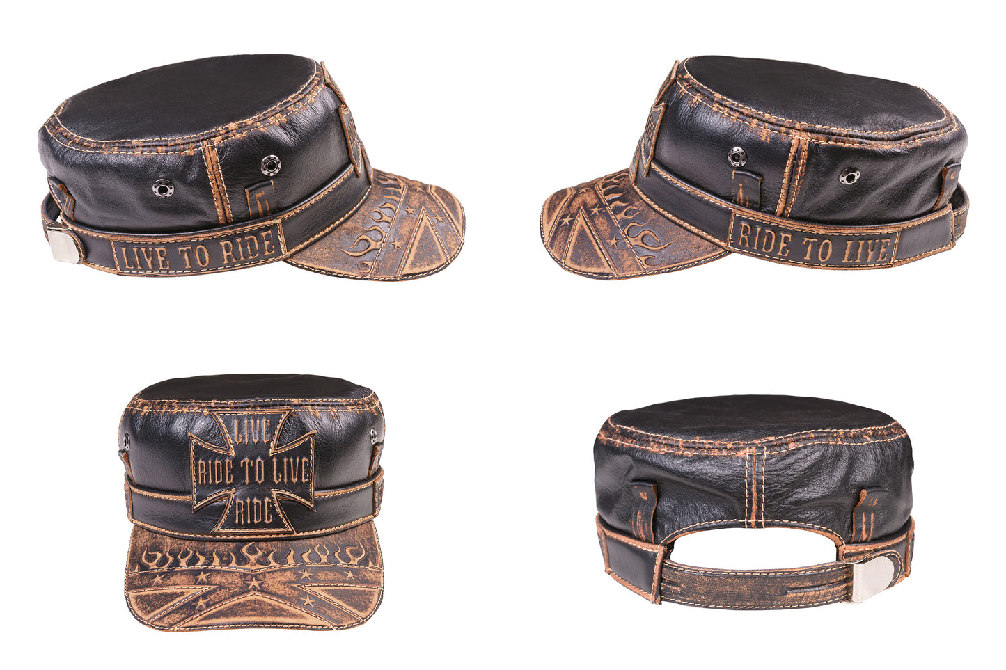 Leather Biker Hat: Handmade Black Motorcycle Cap for Men with Distressed Finish, Iron Cross Patch and Flame Detail | Apero Bullo