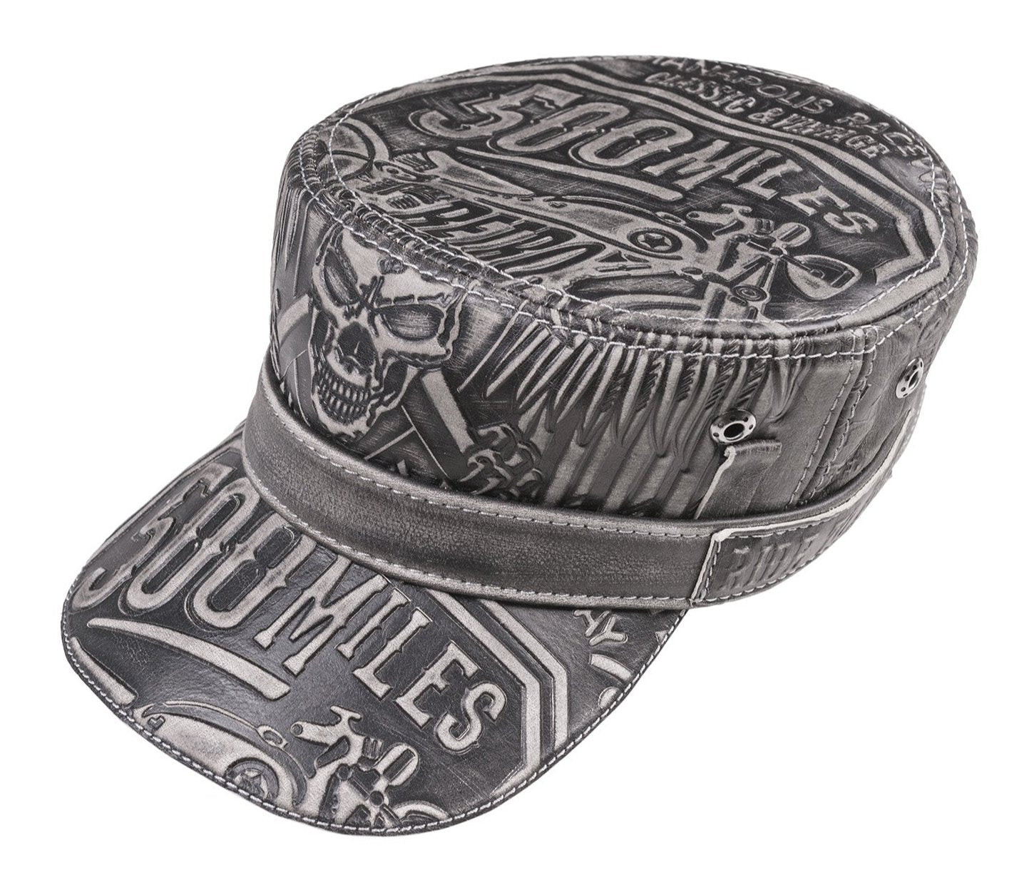 Leather Biker Hat: Handmade Gray Motorcycle Cap for Men with All-Over Skull Graphic and Industrial Biker Design | Apero Bullo