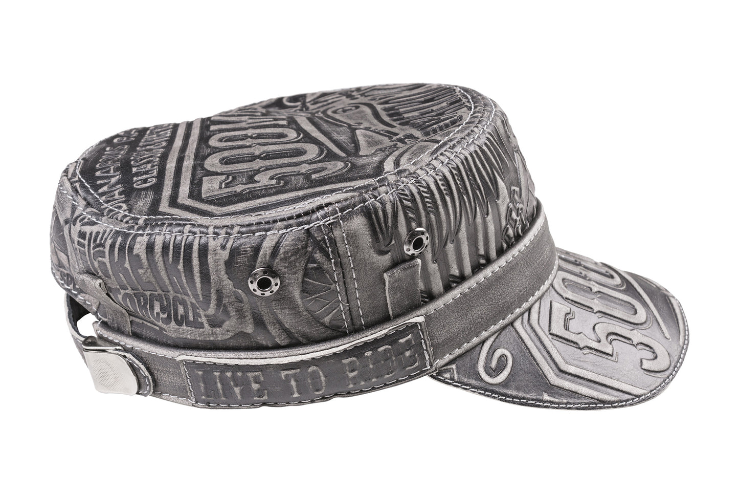 Leather Biker Hat: Handmade Gray Motorcycle Cap for Men with All-Over Skull Graphic and Industrial Biker Design | Apero Bullo