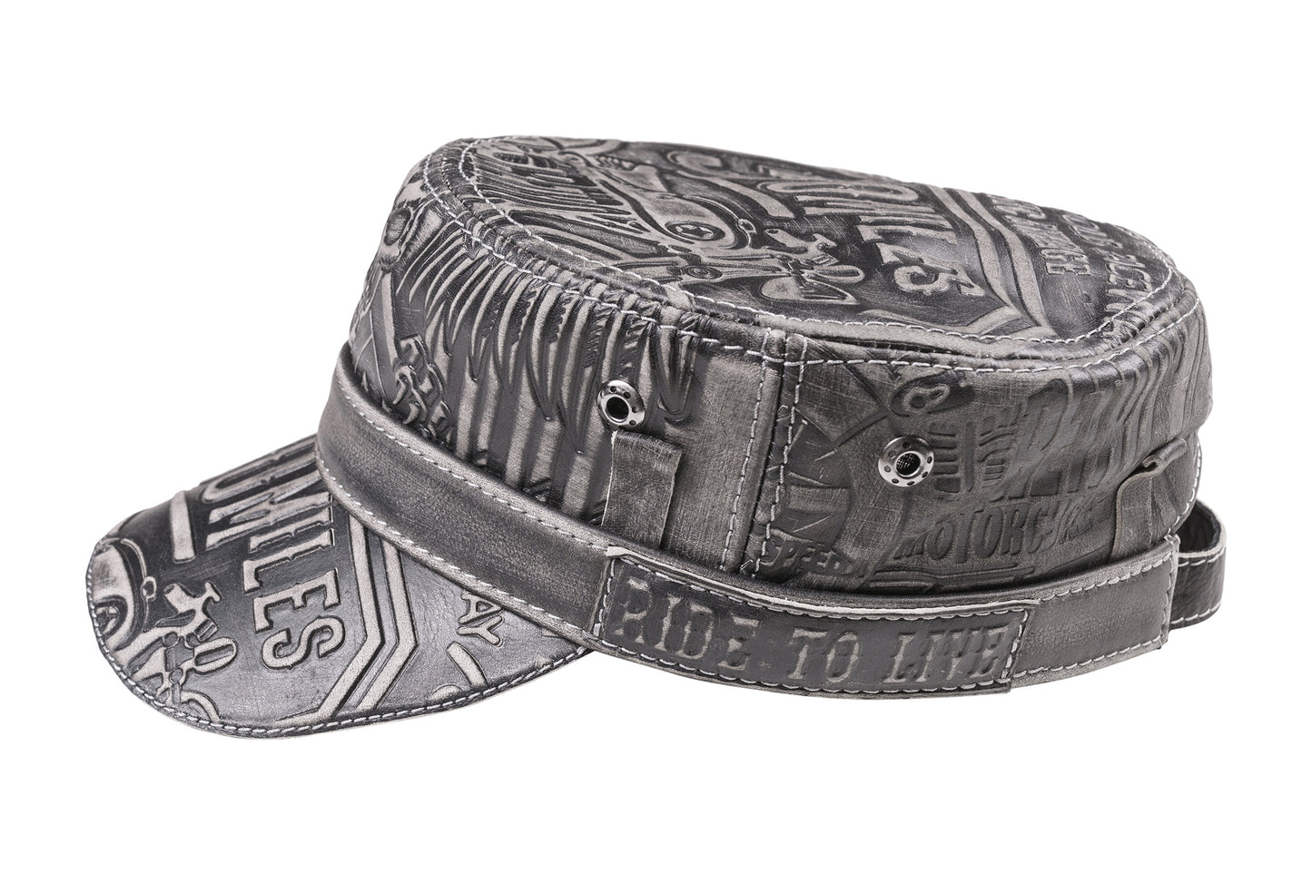 Leather Biker Hat: Handmade Gray Motorcycle Cap for Men with All-Over Skull Graphic and Industrial Biker Design | Apero Bullo