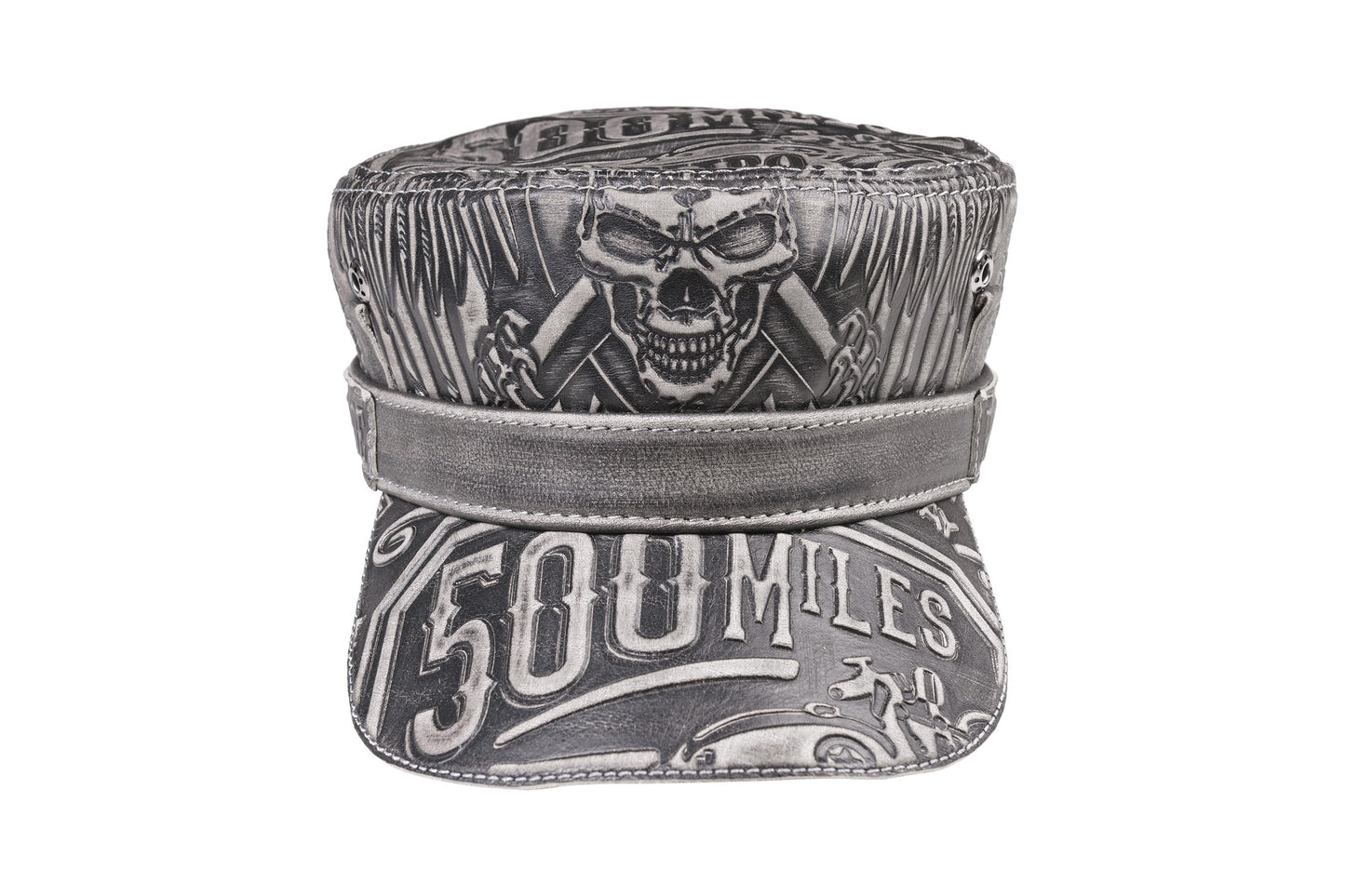 Leather Biker Hat: Handmade Gray Motorcycle Cap for Men with All-Over Skull Graphic and Industrial Biker Design | Apero Bullo