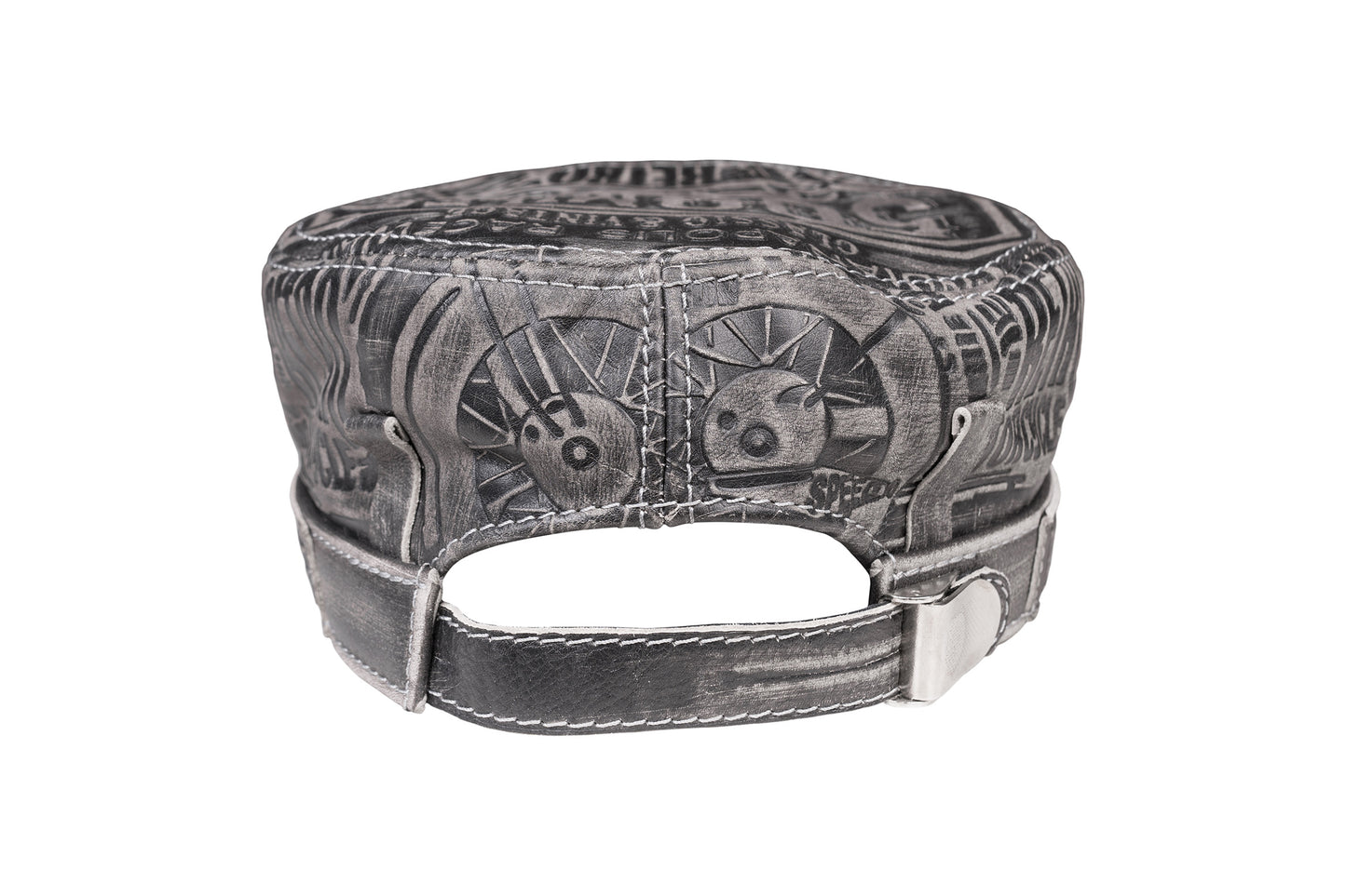 Leather Biker Hat: Handmade Gray Motorcycle Cap for Men with All-Over Skull Graphic and Industrial Biker Design | Apero Bullo