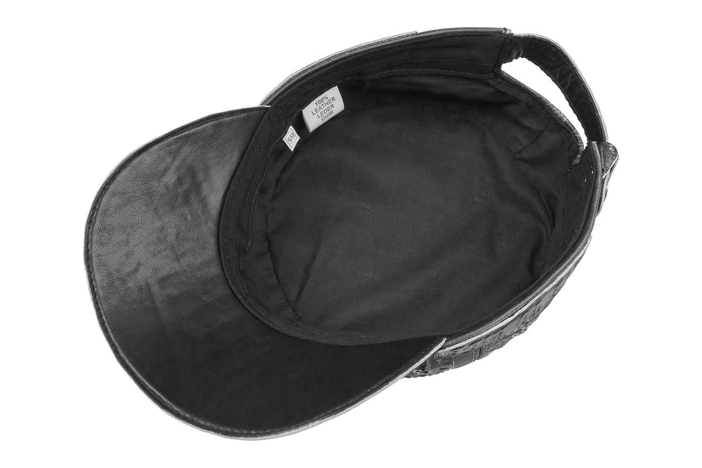 Leather Biker Hat: Handmade Gray Motorcycle Cap for Men with All-Over Skull Graphic and Industrial Biker Design | Apero Bullo