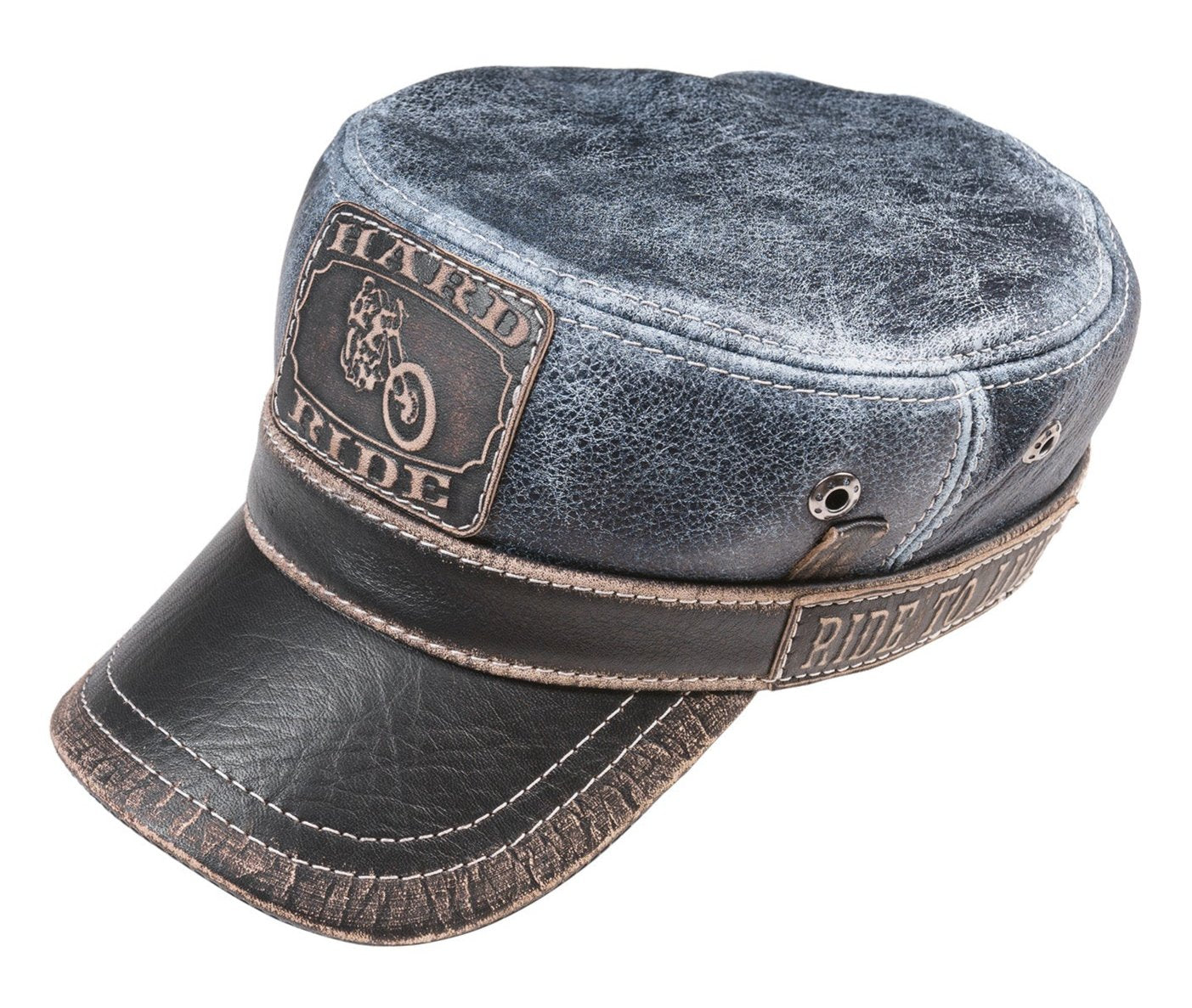 Leather Biker Hat: Handmade Two-Tone Motorcycle Cap with Denim-Look Leather and 'Hard Ride' Chopper Patch | Apero Bullo