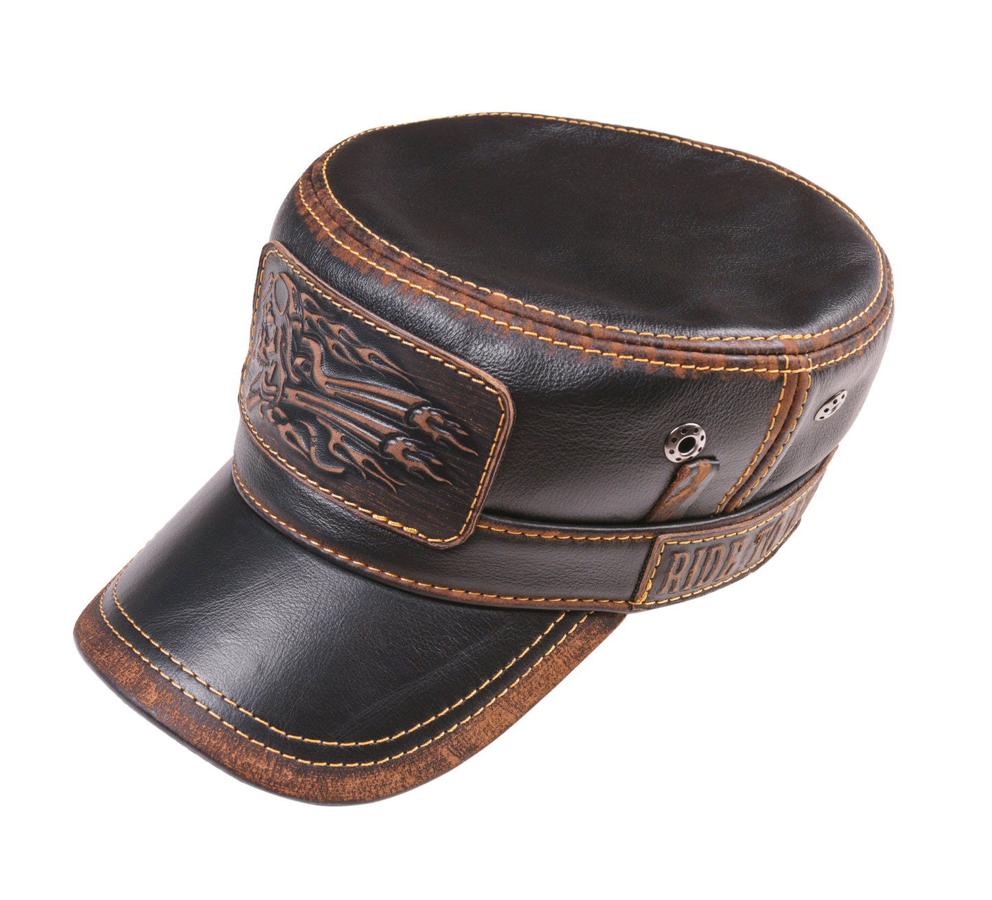 Leather Biker Hat: Handmade Black Motorcycle Cap with Flaming Skull Patch, “Lost Souls” & Ride Motto | Apero Bullo