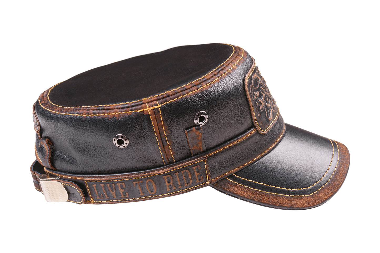 Leather Biker Hat: Handmade Black Motorcycle Cap with Flaming Skull Patch, “Lost Souls” & Ride Motto | Apero Bullo