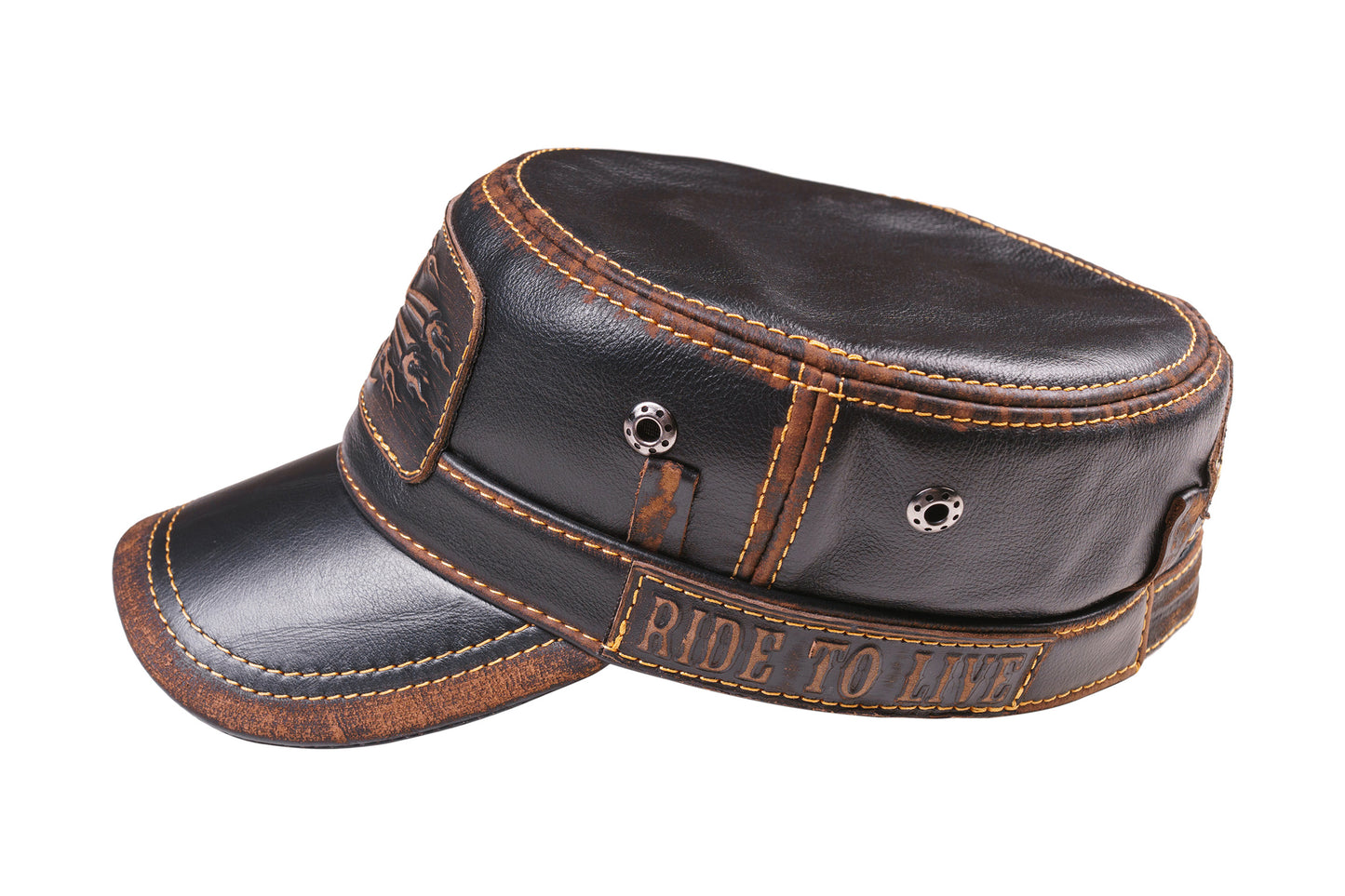 Leather Biker Hat: Handmade Black Motorcycle Cap with Flaming Skull Patch, “Lost Souls” & Ride Motto | Apero Bullo