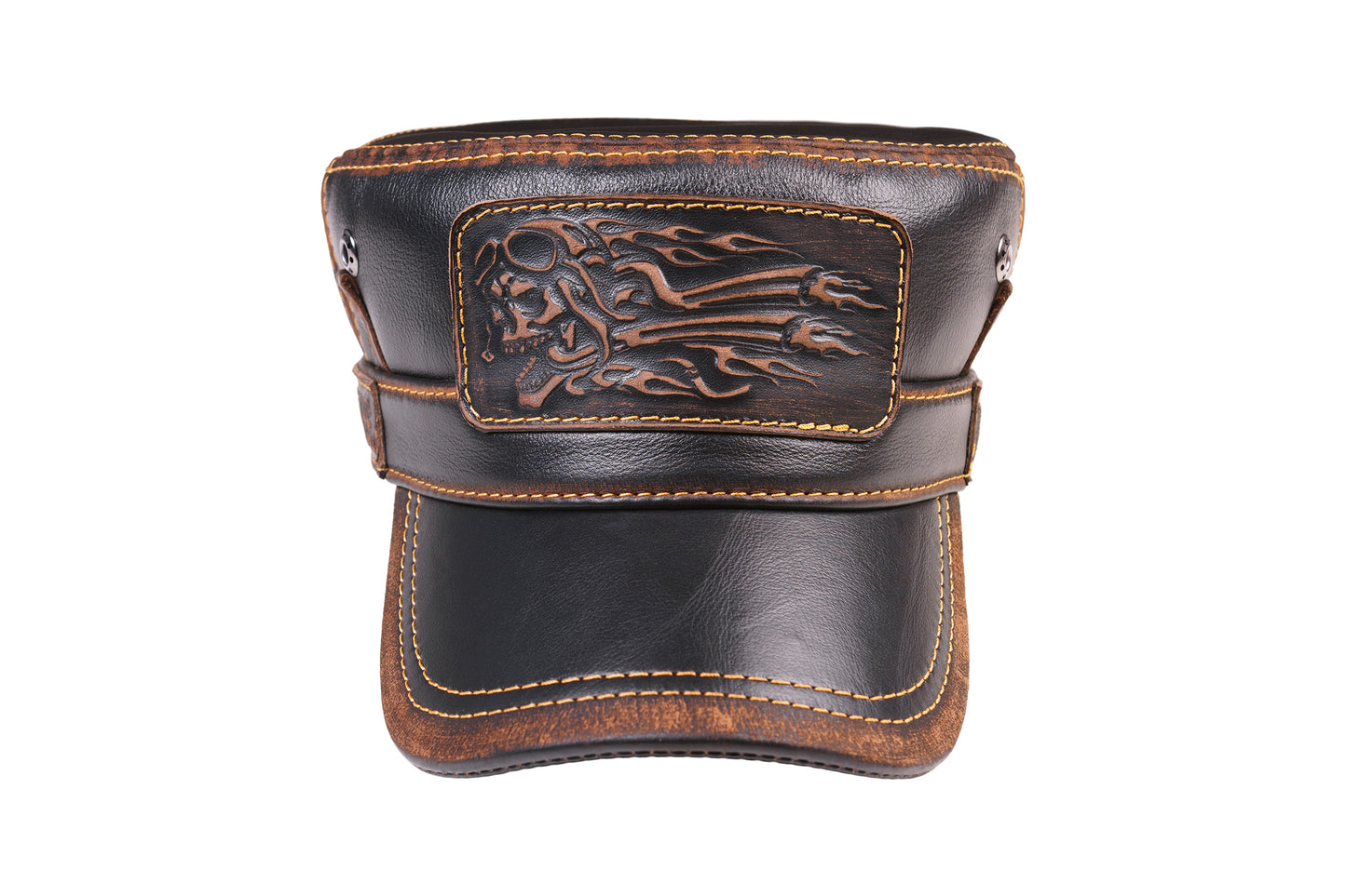 Leather Biker Hat: Handmade Black Motorcycle Cap with Flaming Skull Patch, “Lost Souls” & Ride Motto | Apero Bullo
