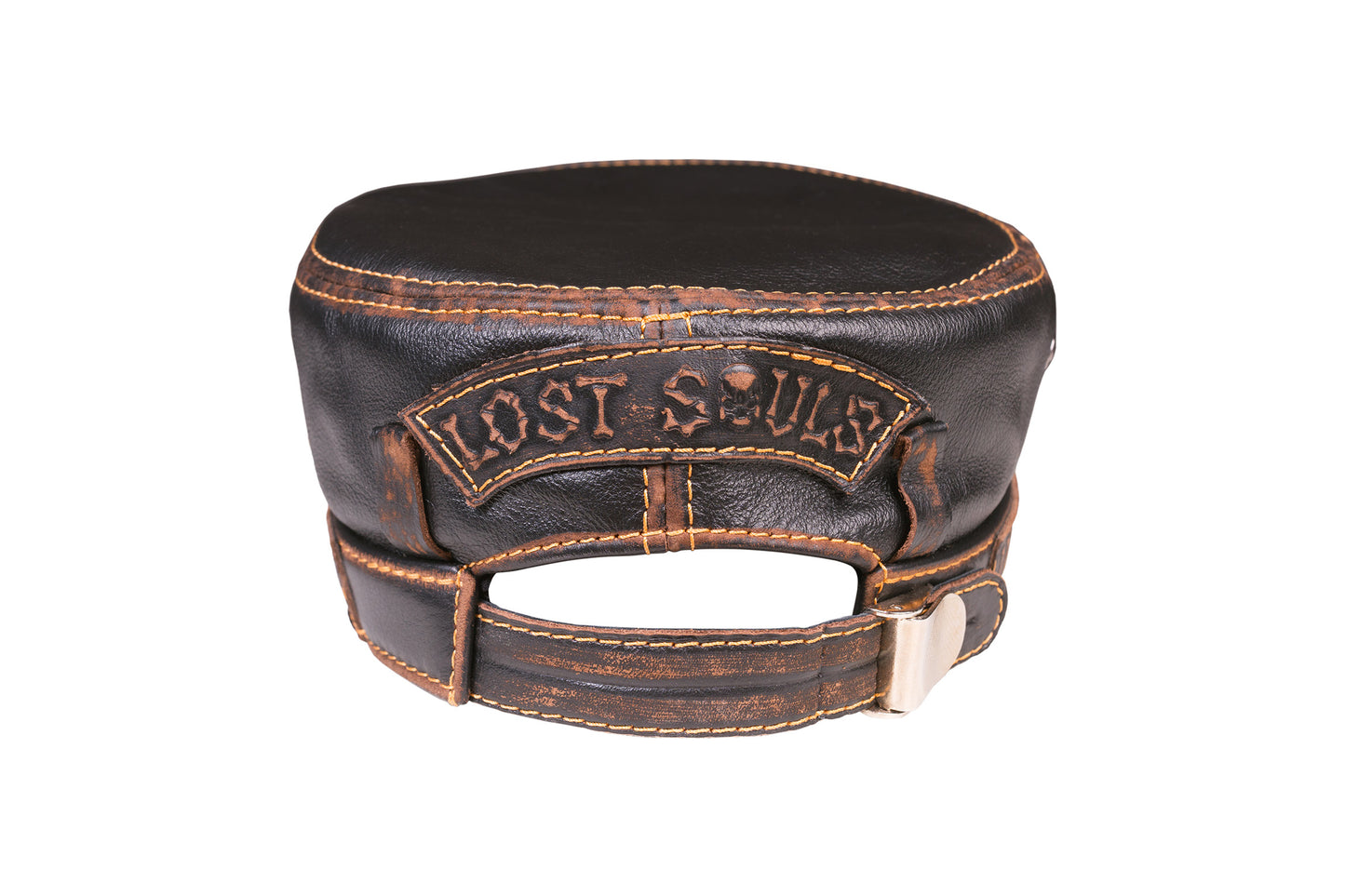 Leather Biker Hat: Handmade Black Motorcycle Cap with Flaming Skull Patch, “Lost Souls” & Ride Motto | Apero Bullo