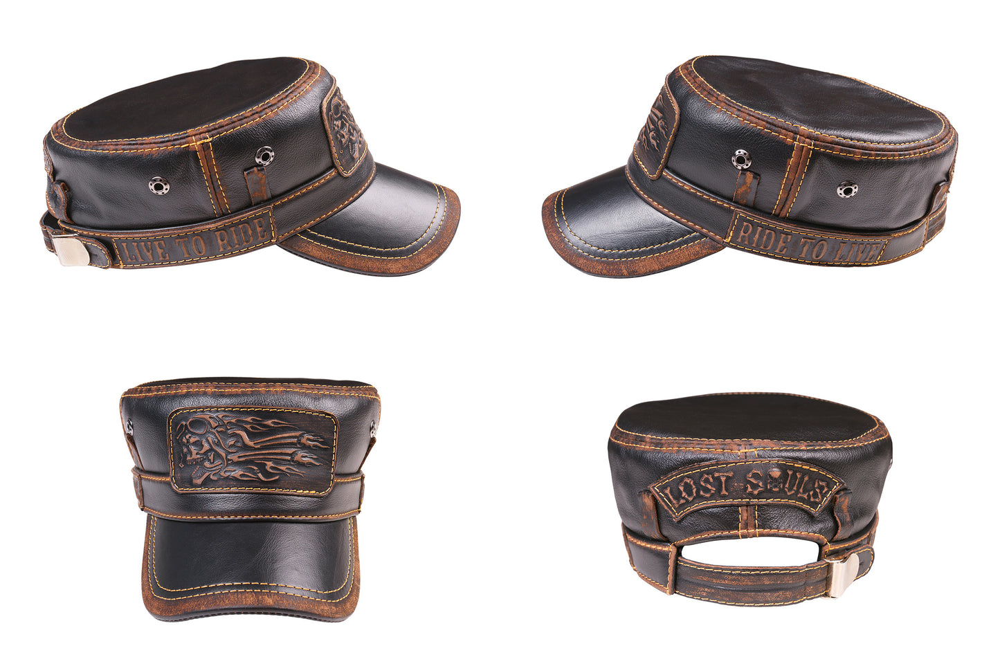 Leather Biker Hat: Handmade Black Motorcycle Cap with Flaming Skull Patch, “Lost Souls” & Ride Motto | Apero Bullo