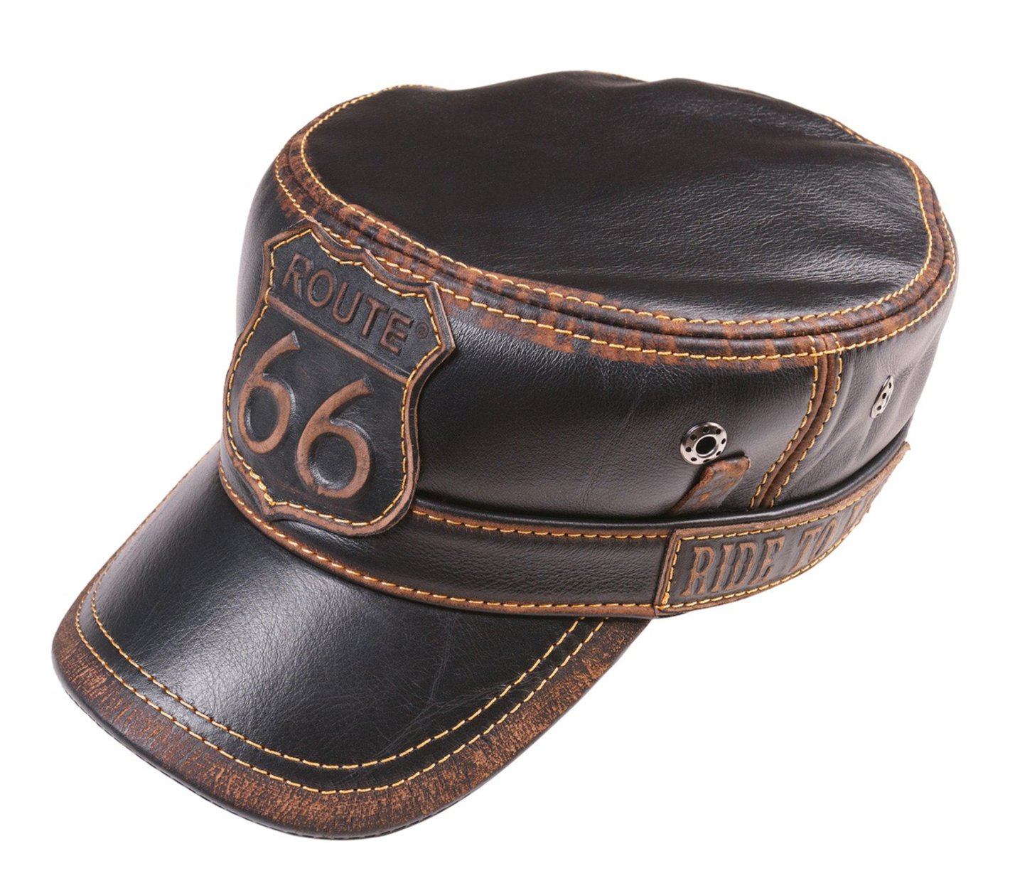 Handcrafted Biker Leather Cap with "Route 66" Emblem - Distressed Black and Brown