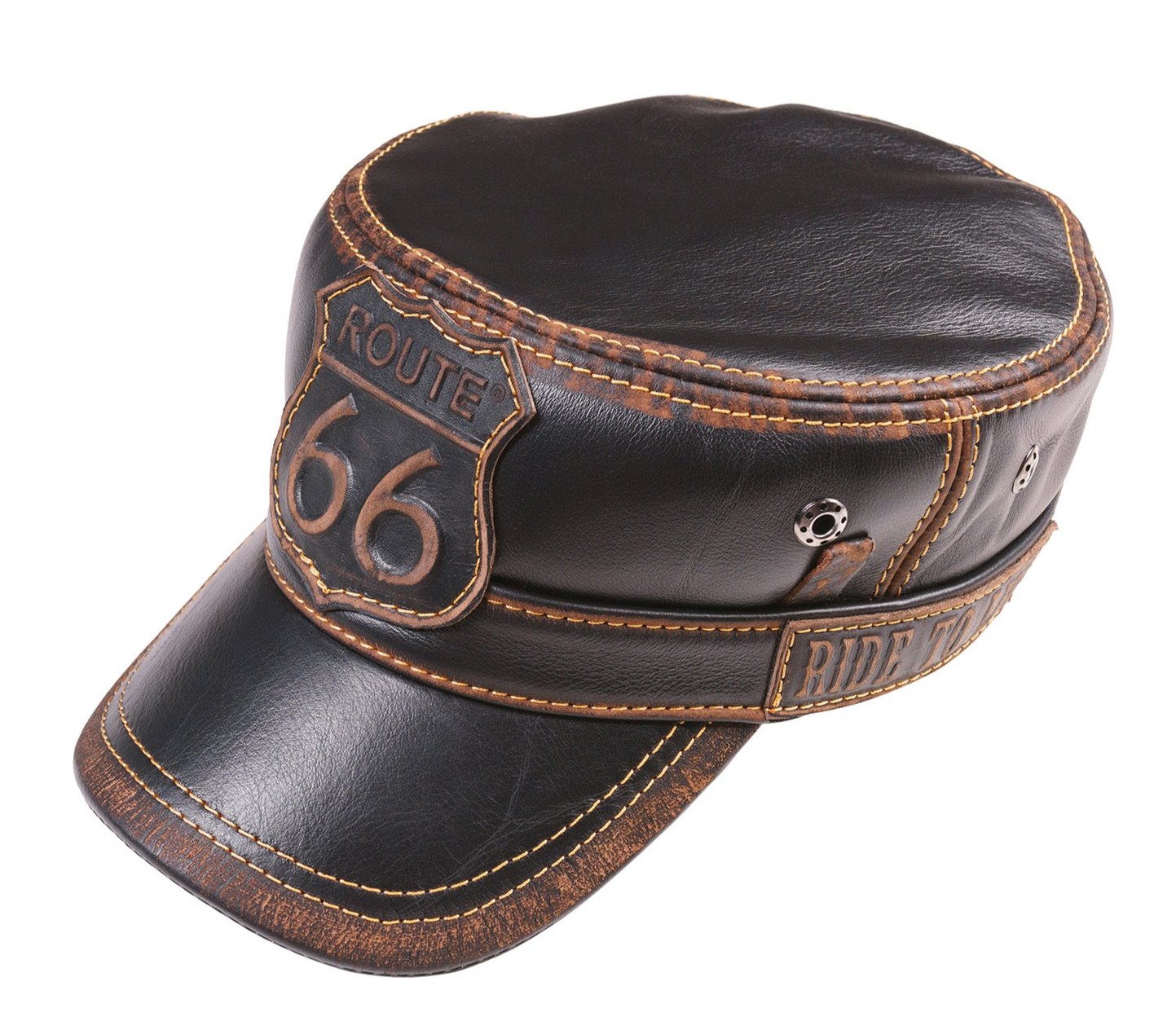 Leather Biker Hat: Handmade Brown Motorcycle Cap for Men with Route 66 Badge| Apero Bullo