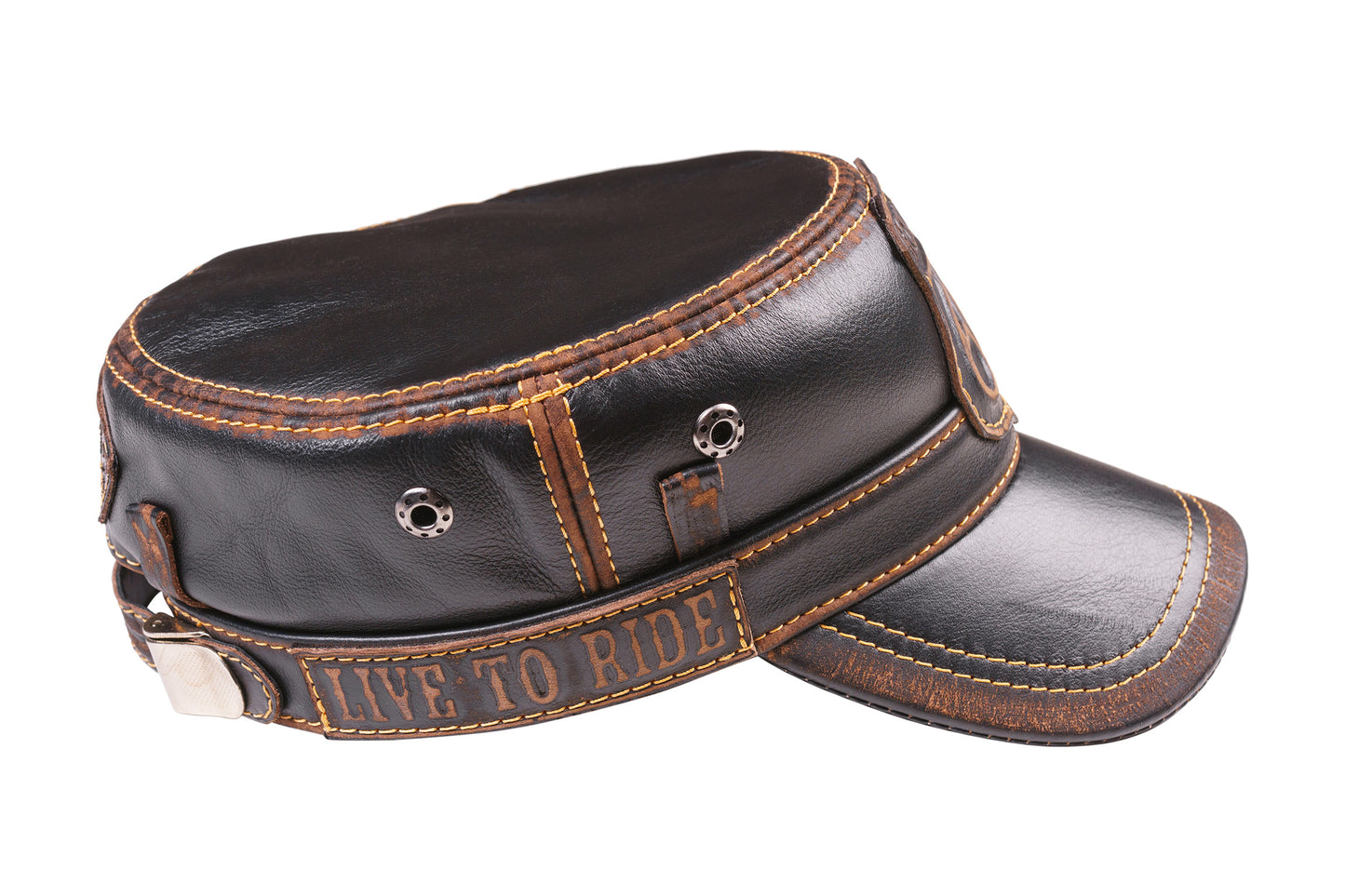 Leather Biker Hat: Handmade Brown Motorcycle Cap for Men with Route 66 Badge| Apero Bullo