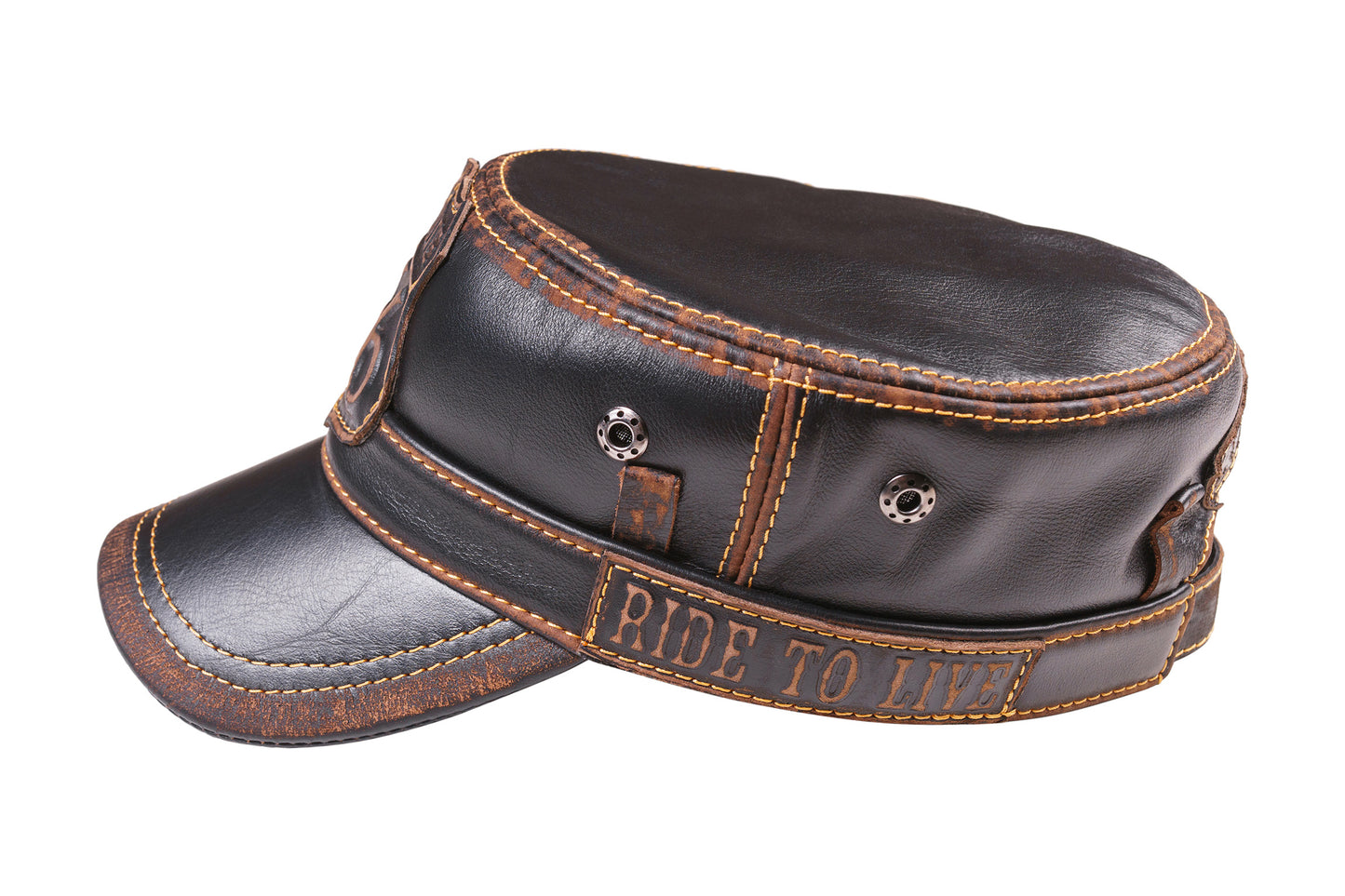 Leather Biker Hat: Handmade Brown Motorcycle Cap for Men with Route 66 Badge| Apero Bullo
