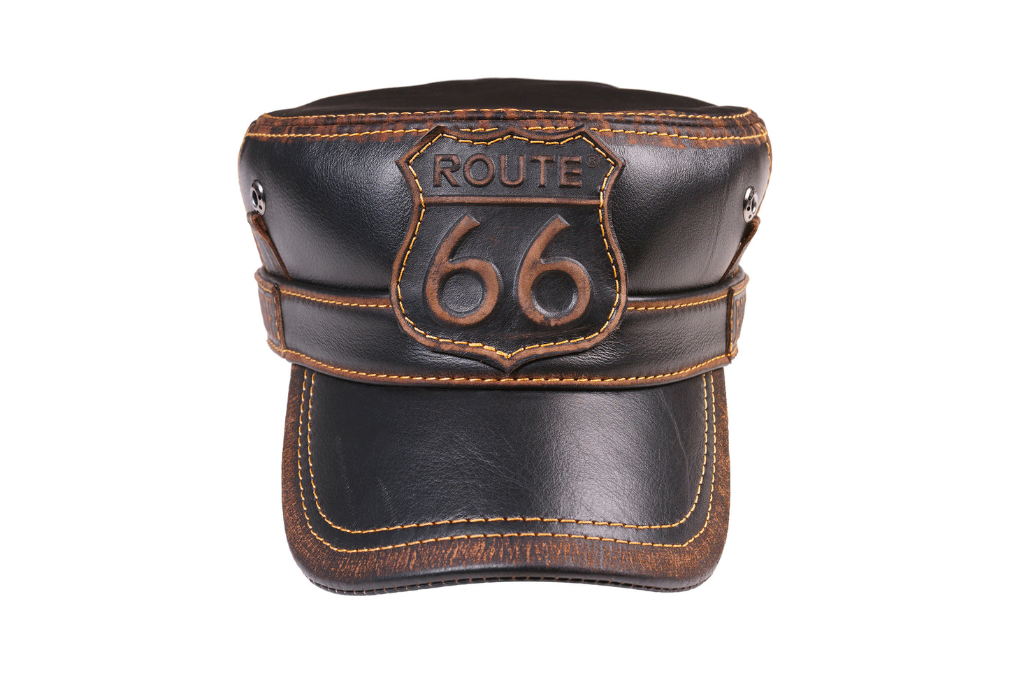 Leather Biker Hat: Handmade Brown Motorcycle Cap for Men with Route 66 Badge| Apero Bullo