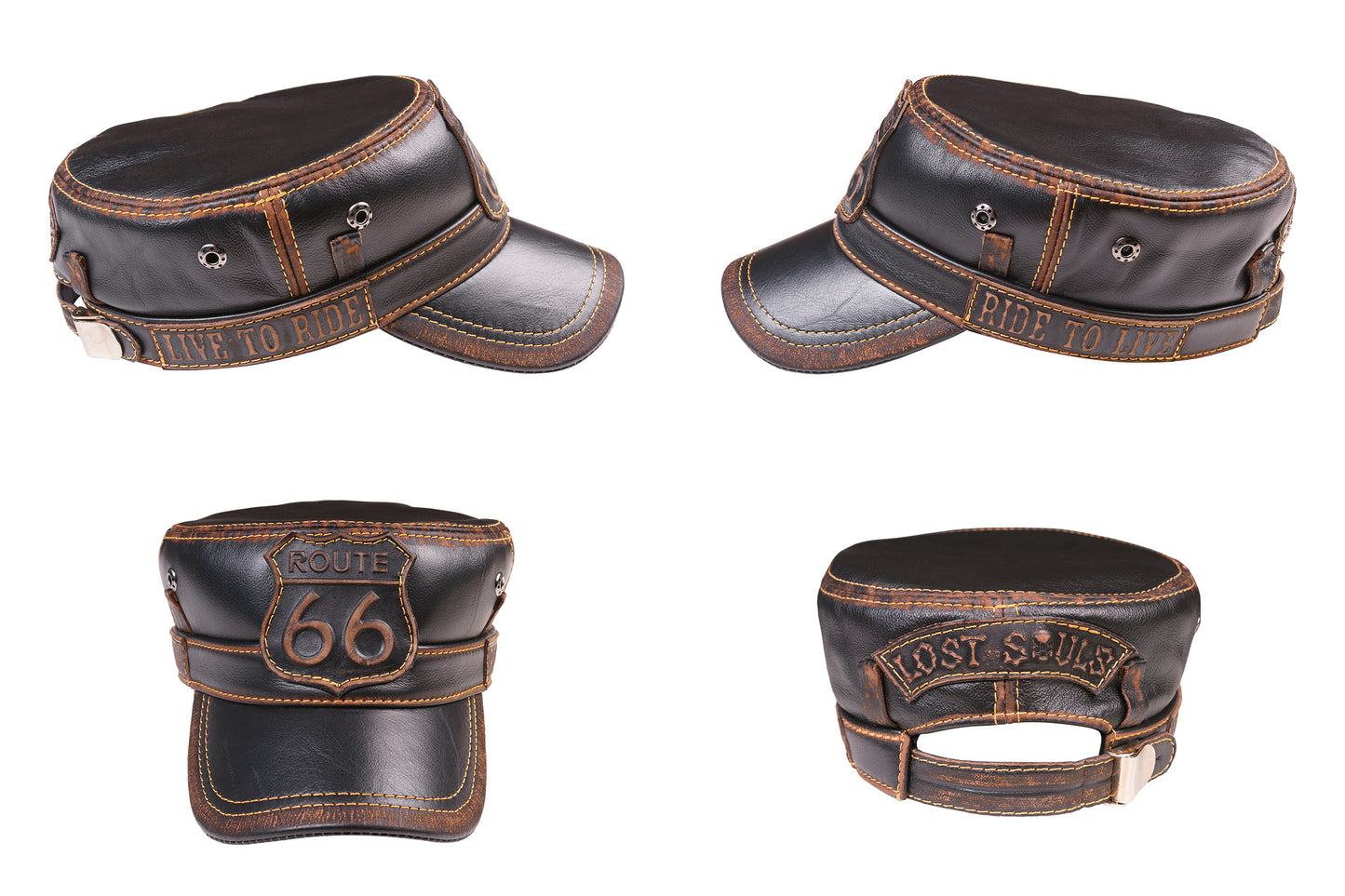 Leather Biker Hat: Handmade Brown Motorcycle Cap for Men with Route 66 Badge| Apero Bullo