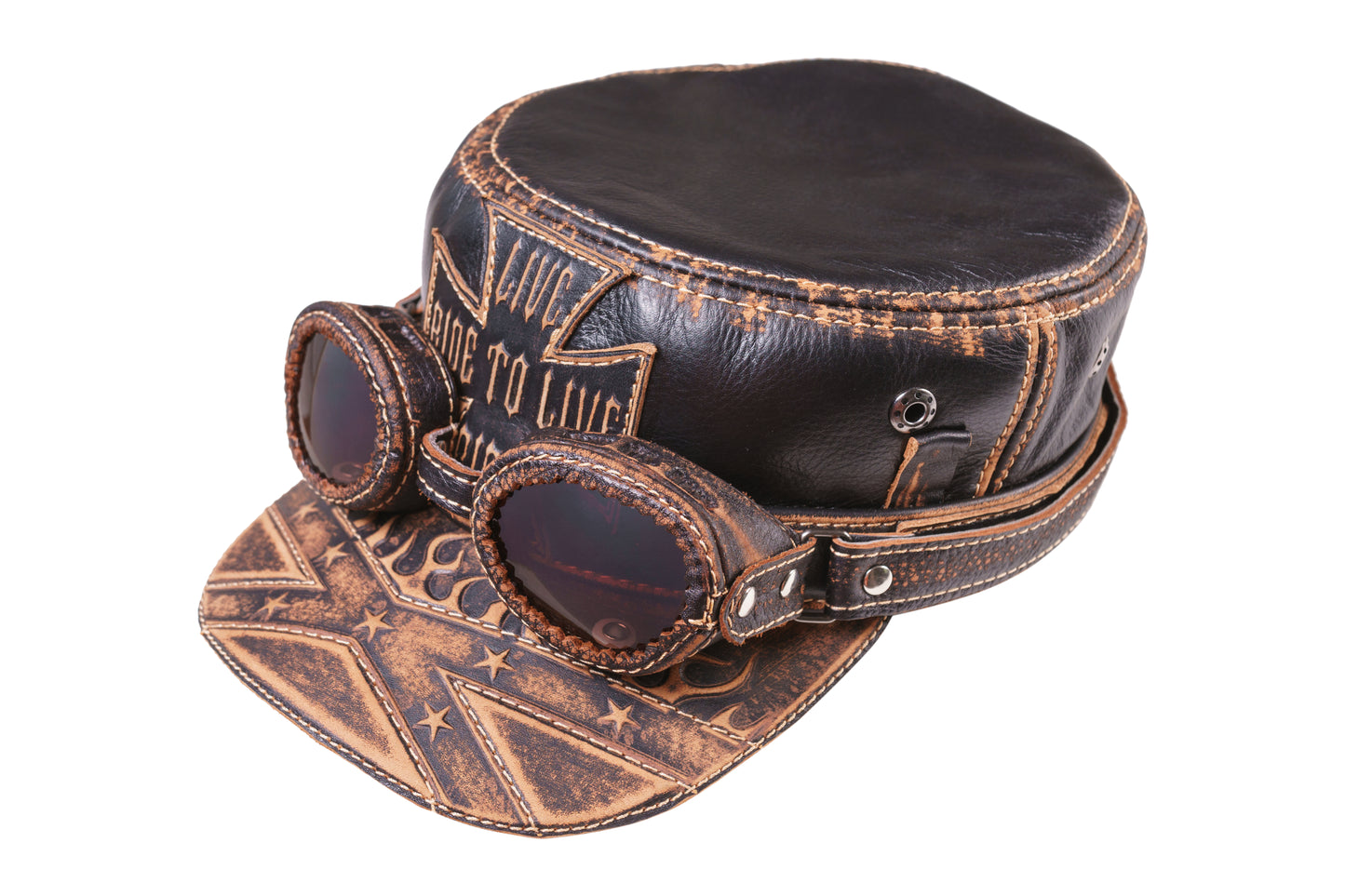 Leather Biker Hat: Handmade Black Motorcycle Cap for Men with Distressed Finish, Iron Cross Patch and Flame Detail | Apero Bullo