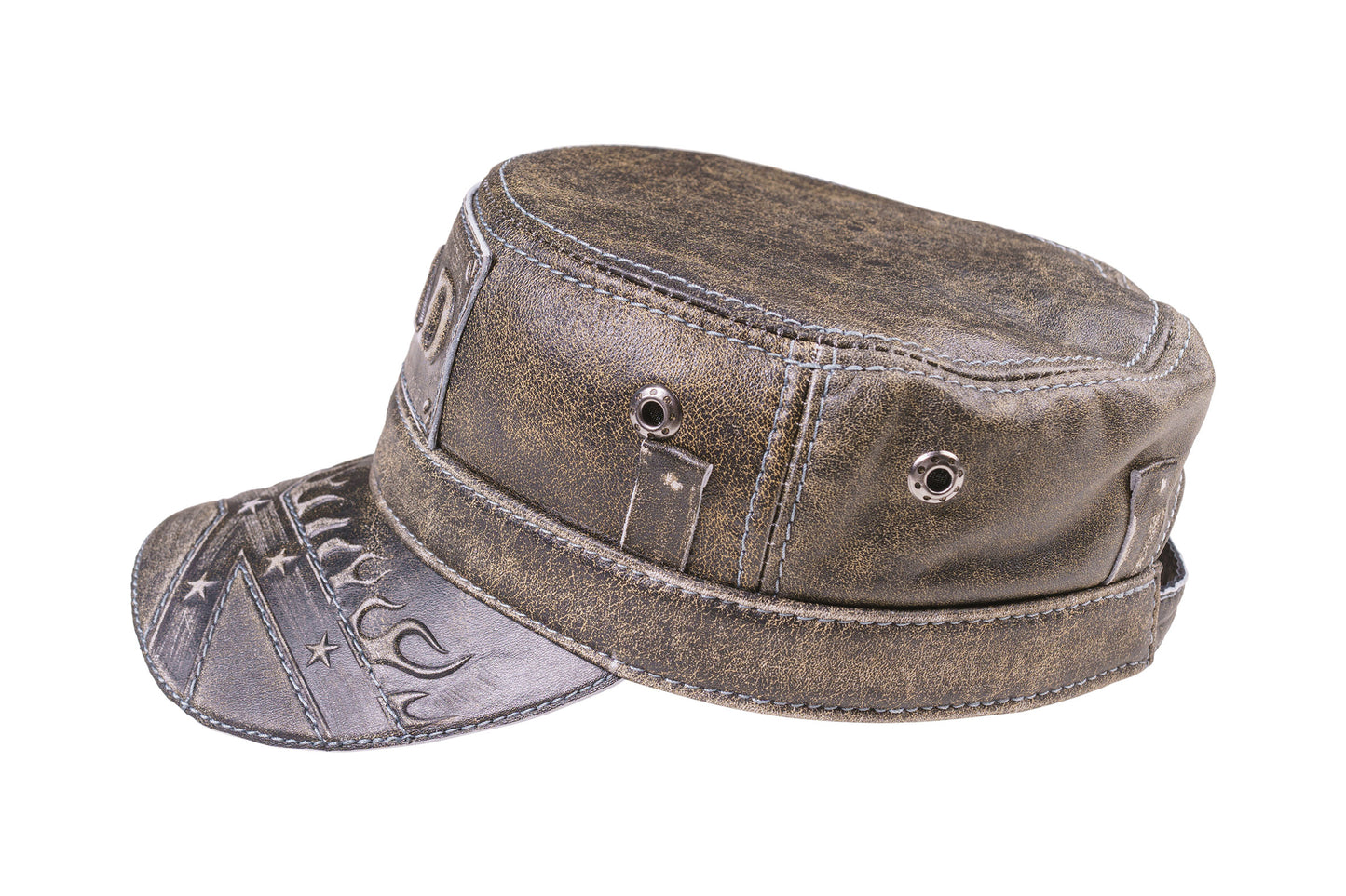 Vintage Leather DAD Biker Cap with with Stars and Flames Embossed Design