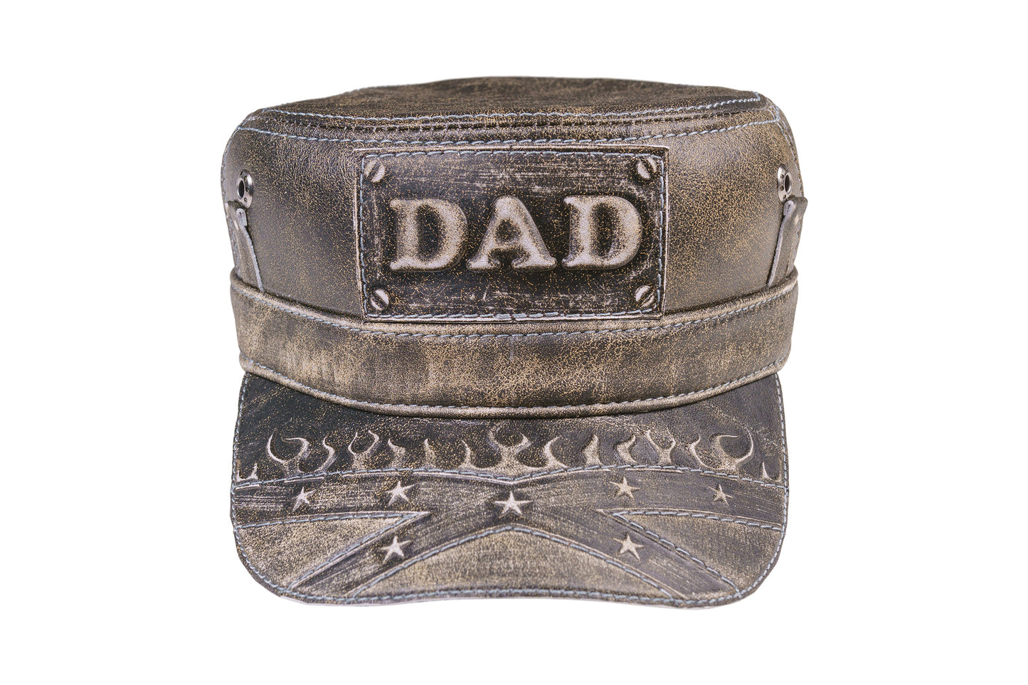 Vintage Leather DAD Biker Cap with with Stars and Flames Embossed Design