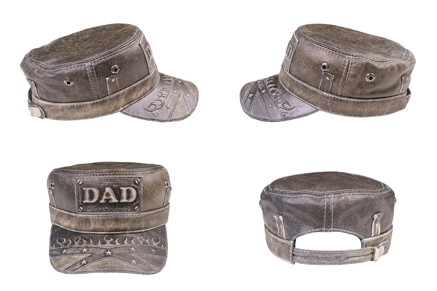Vintage Leather DAD Biker Cap with with Stars and Flames Embossed Design