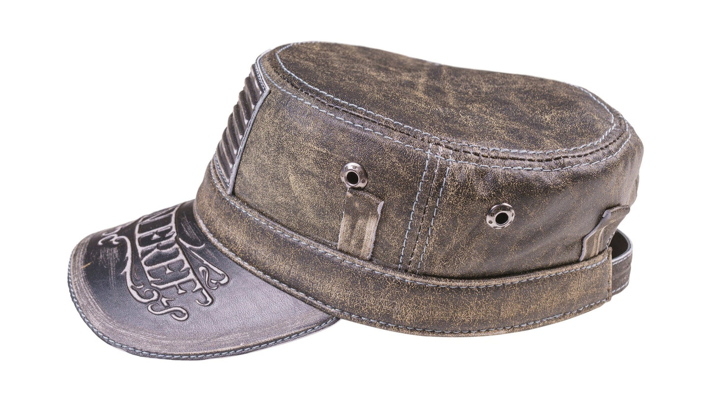 American Flag Vintage Leather Biker Cap with Born Free Motto Design