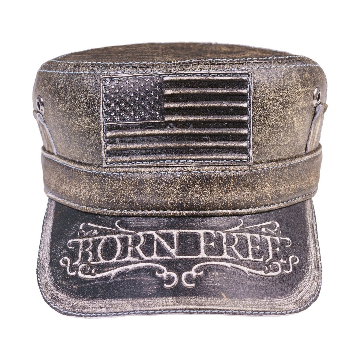 American Flag Vintage Leather Biker Cap with Born Free Motto Design