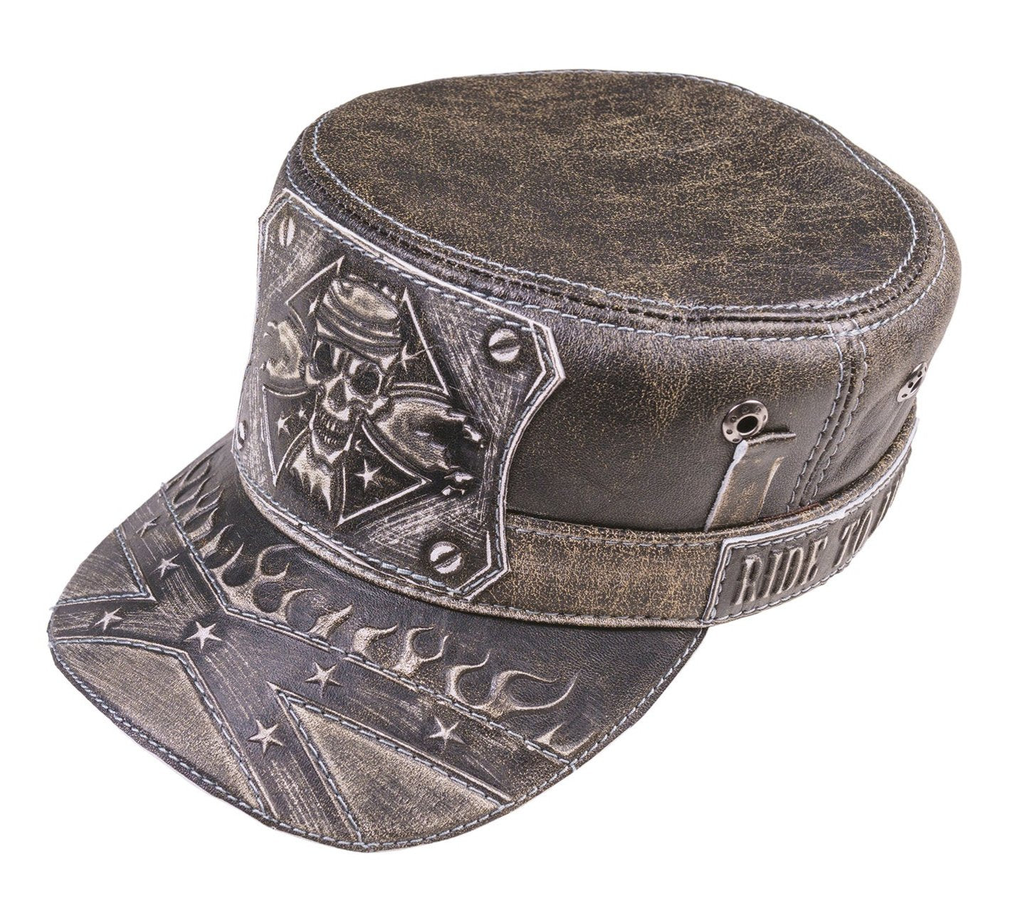 Leather Biker Hat: Handmade Brown Motorcycle Cap for Men with Skull Emblem, Flame Brim and Ride to Live Detail | Apero Bullo