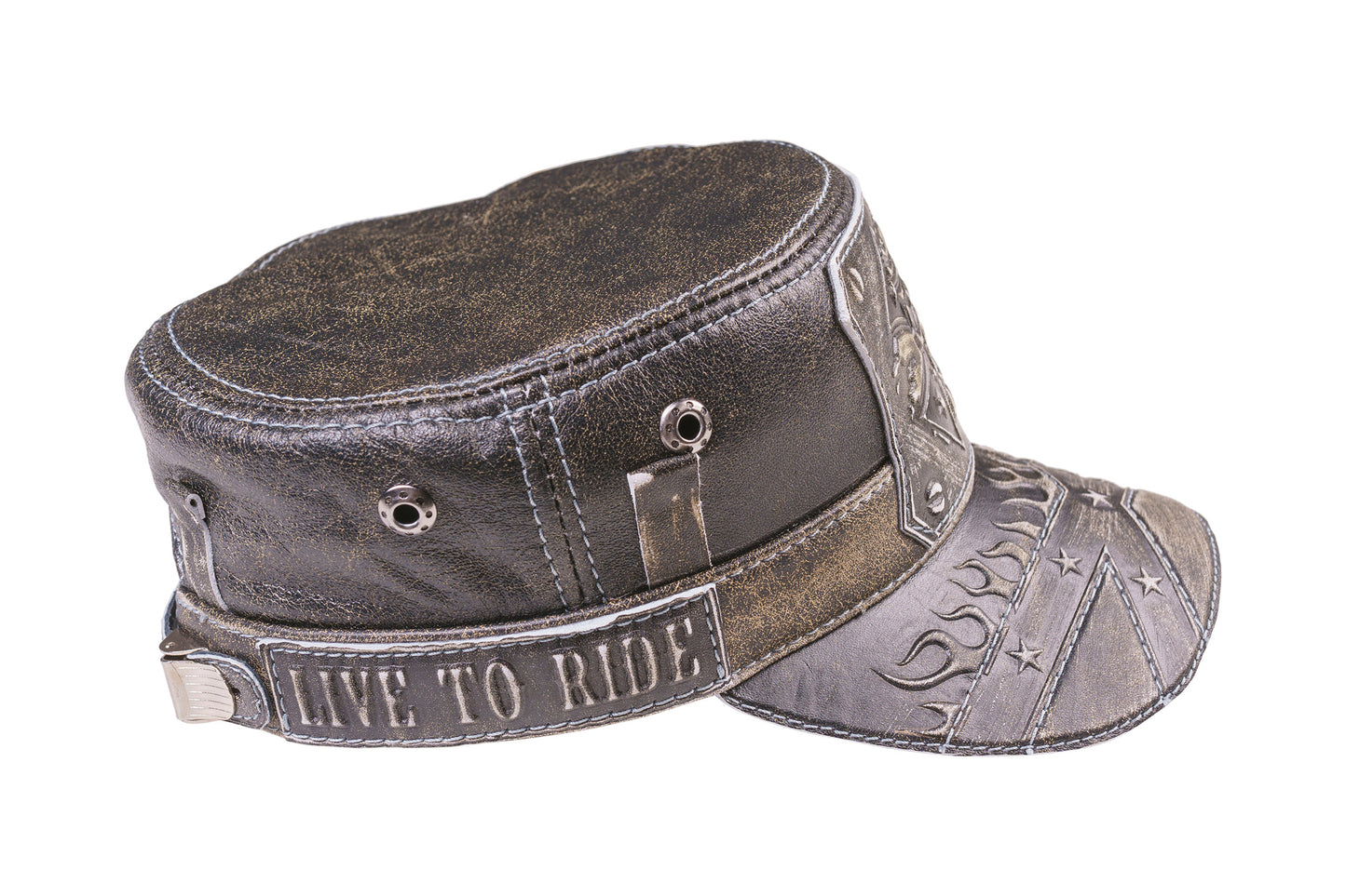 Leather Biker Hat: Handmade Brown Motorcycle Cap for Men with Skull Emblem, Flame Brim and Ride to Live Detail | Apero Bullo