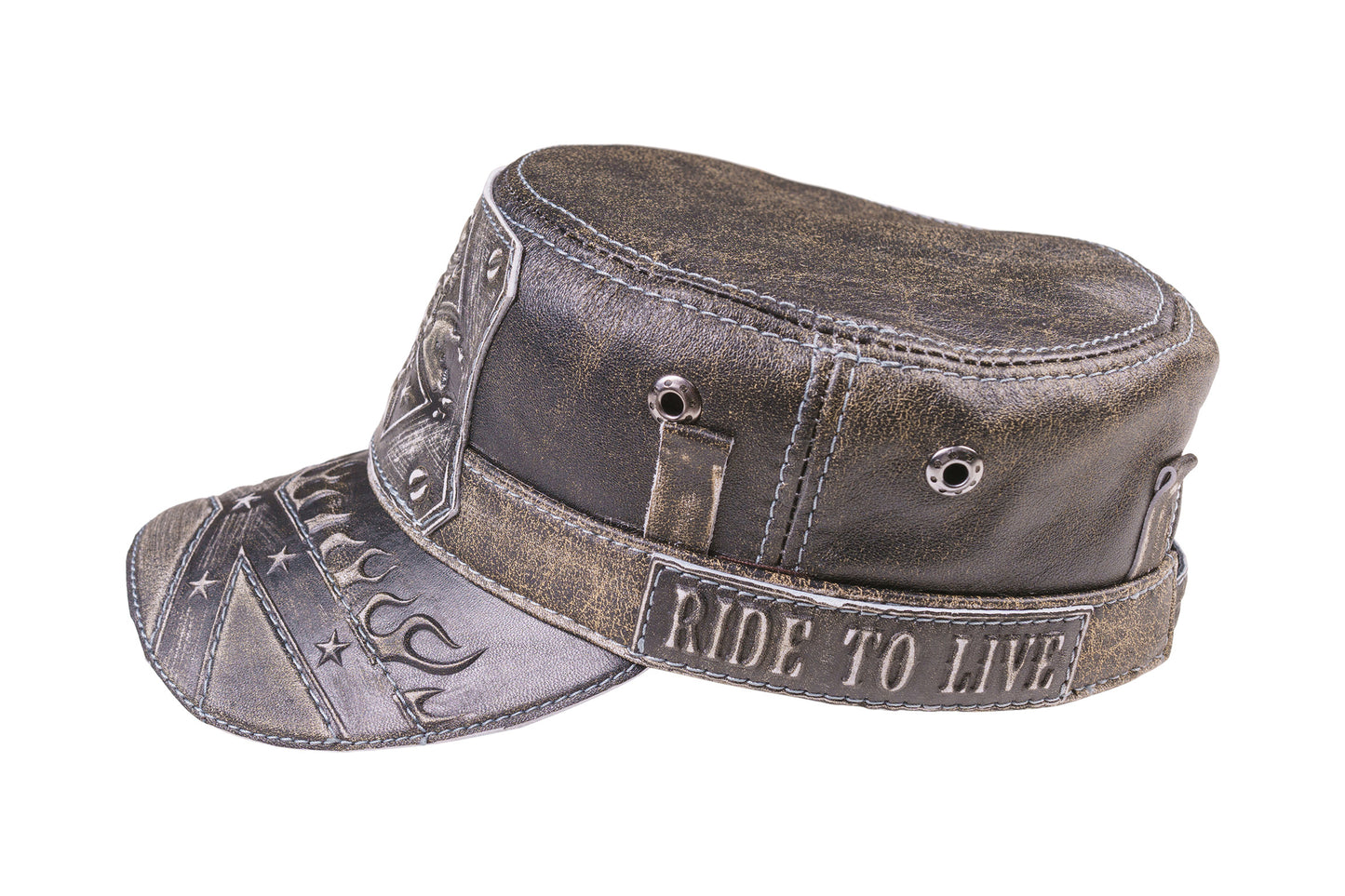 Leather Biker Hat: Handmade Brown Motorcycle Cap for Men with Skull Emblem, Flame Brim and Ride to Live Detail | Apero Bullo