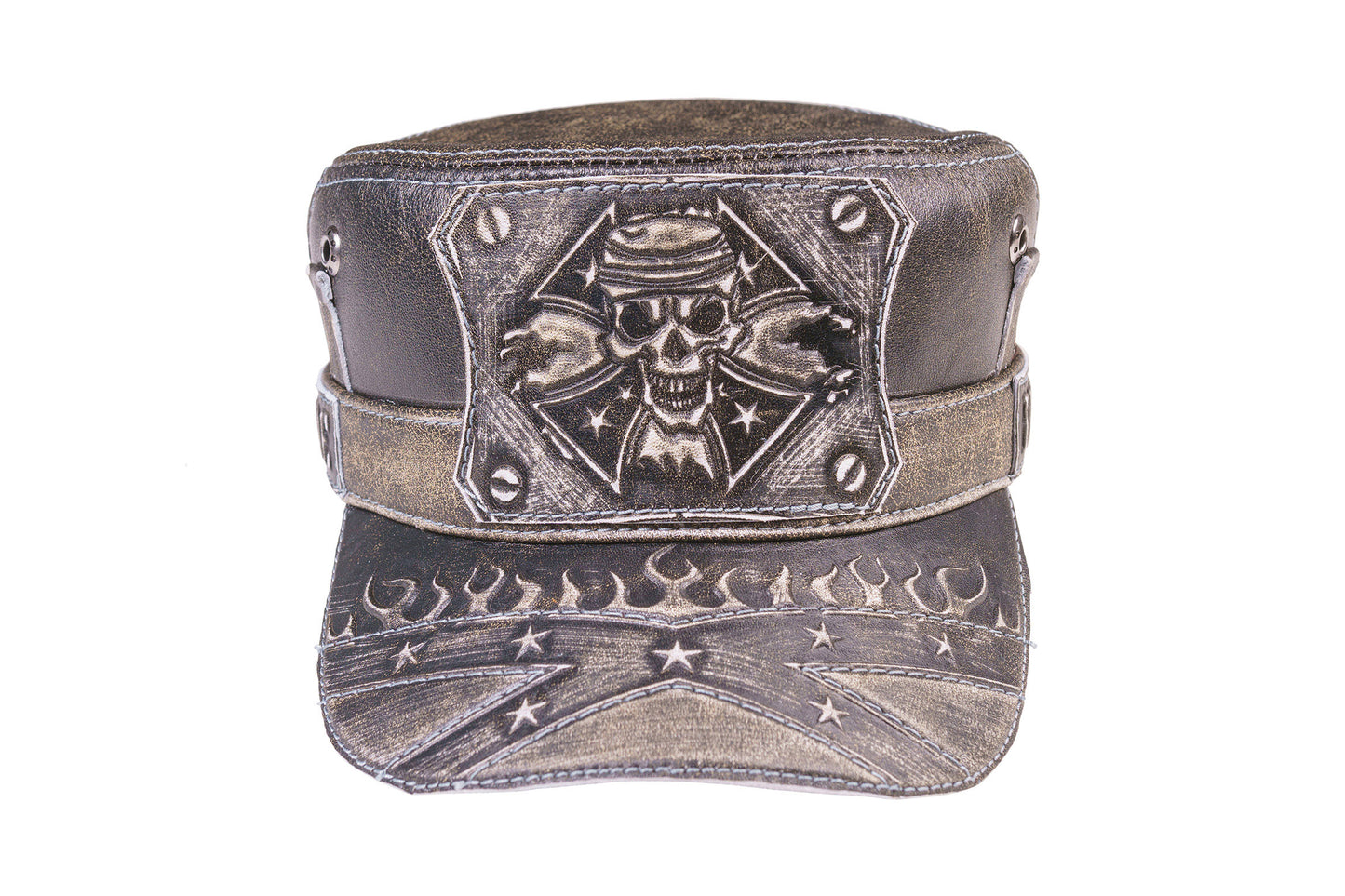 Leather Biker Hat: Handmade Brown Motorcycle Cap for Men with Skull Emblem, Flame Brim and Ride to Live Detail | Apero Bullo